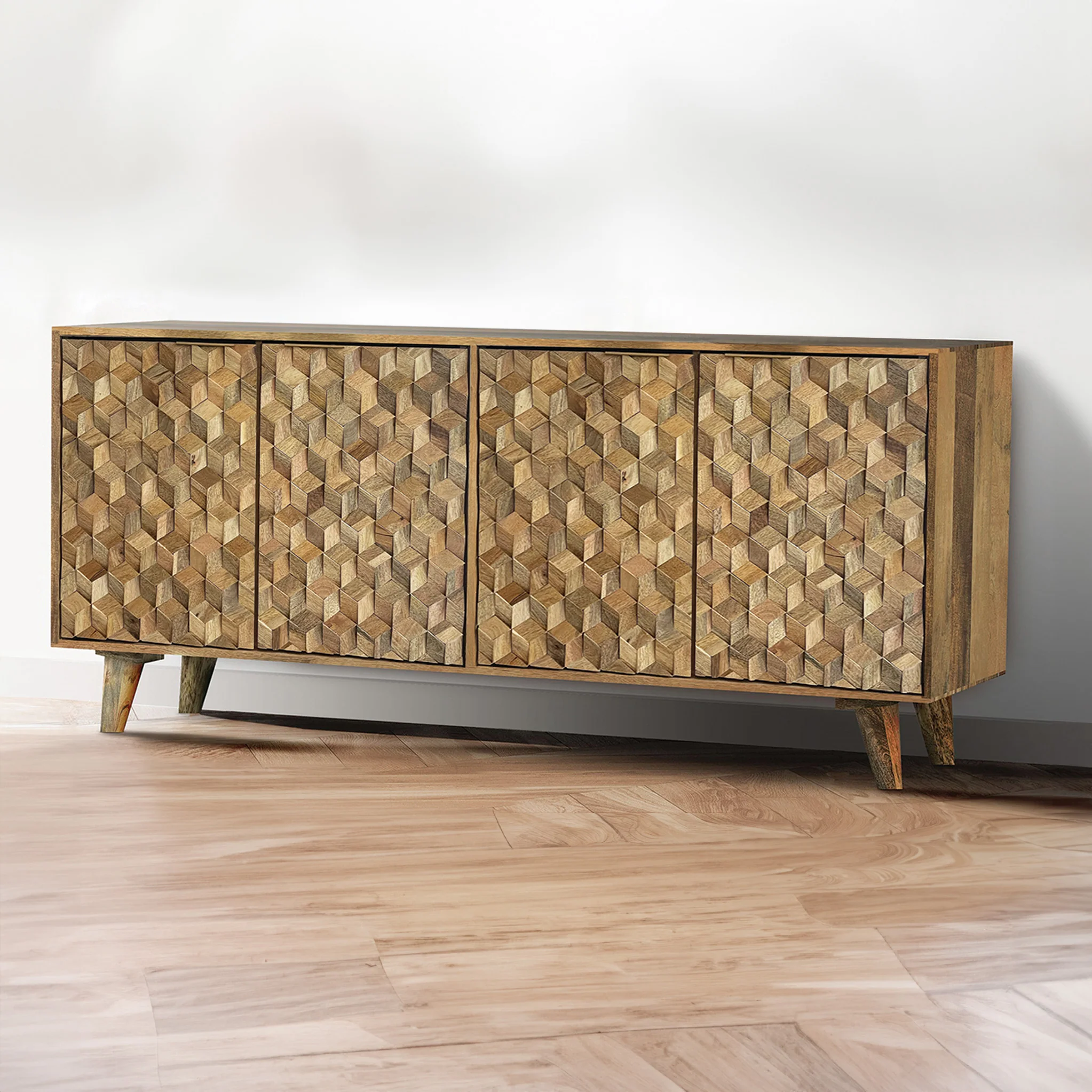 Enzo Geometric Mango Wood 4 Door Sideboard - Image 2