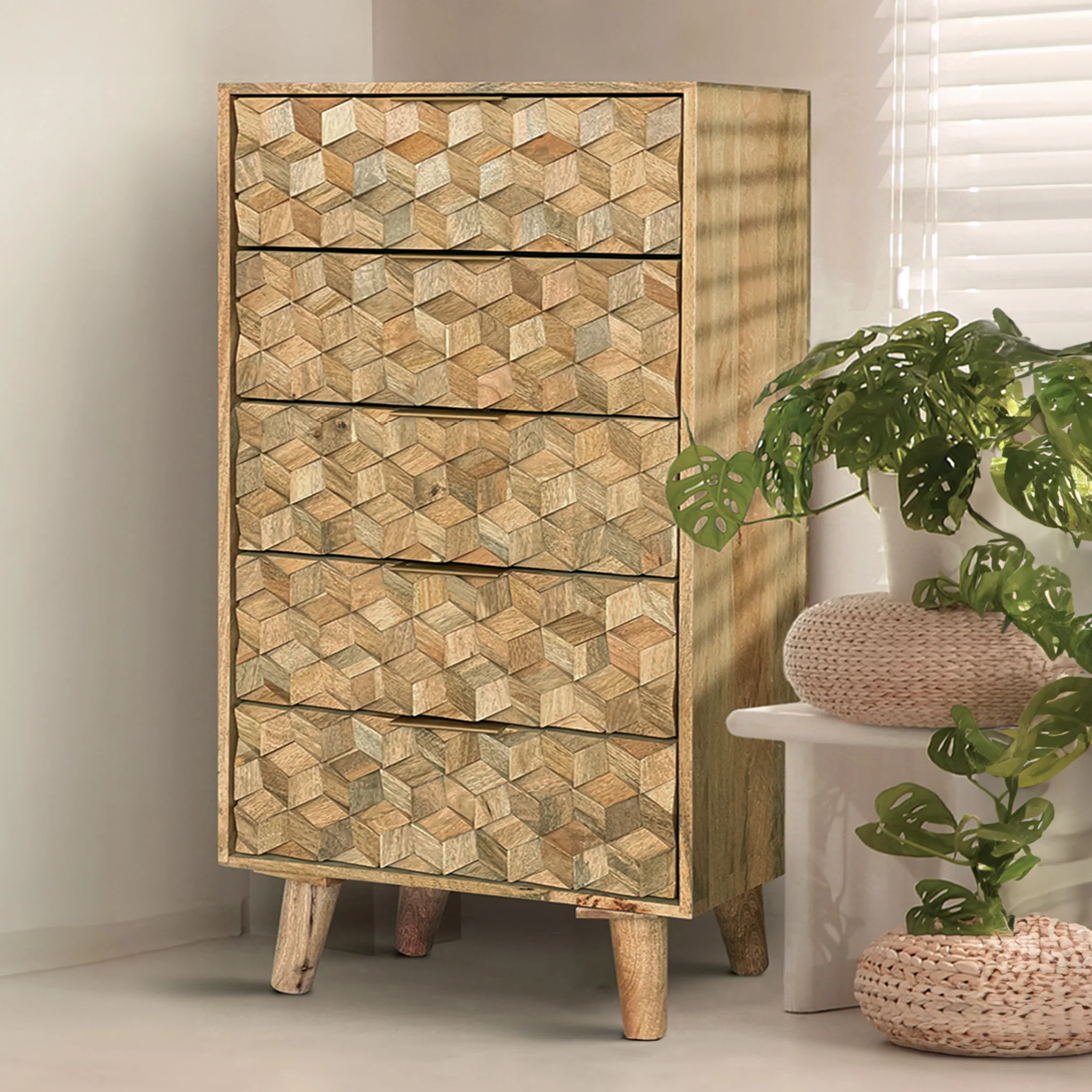 Enzo Geometric Mango Wood 5 Drawer Tallboy - Image 2