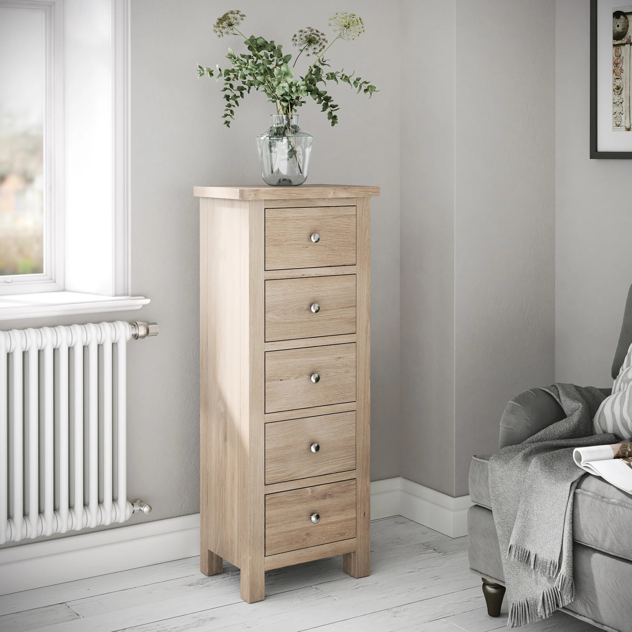 Farro Washed Oak 5 Drawer Tallboy Chest - Image 2