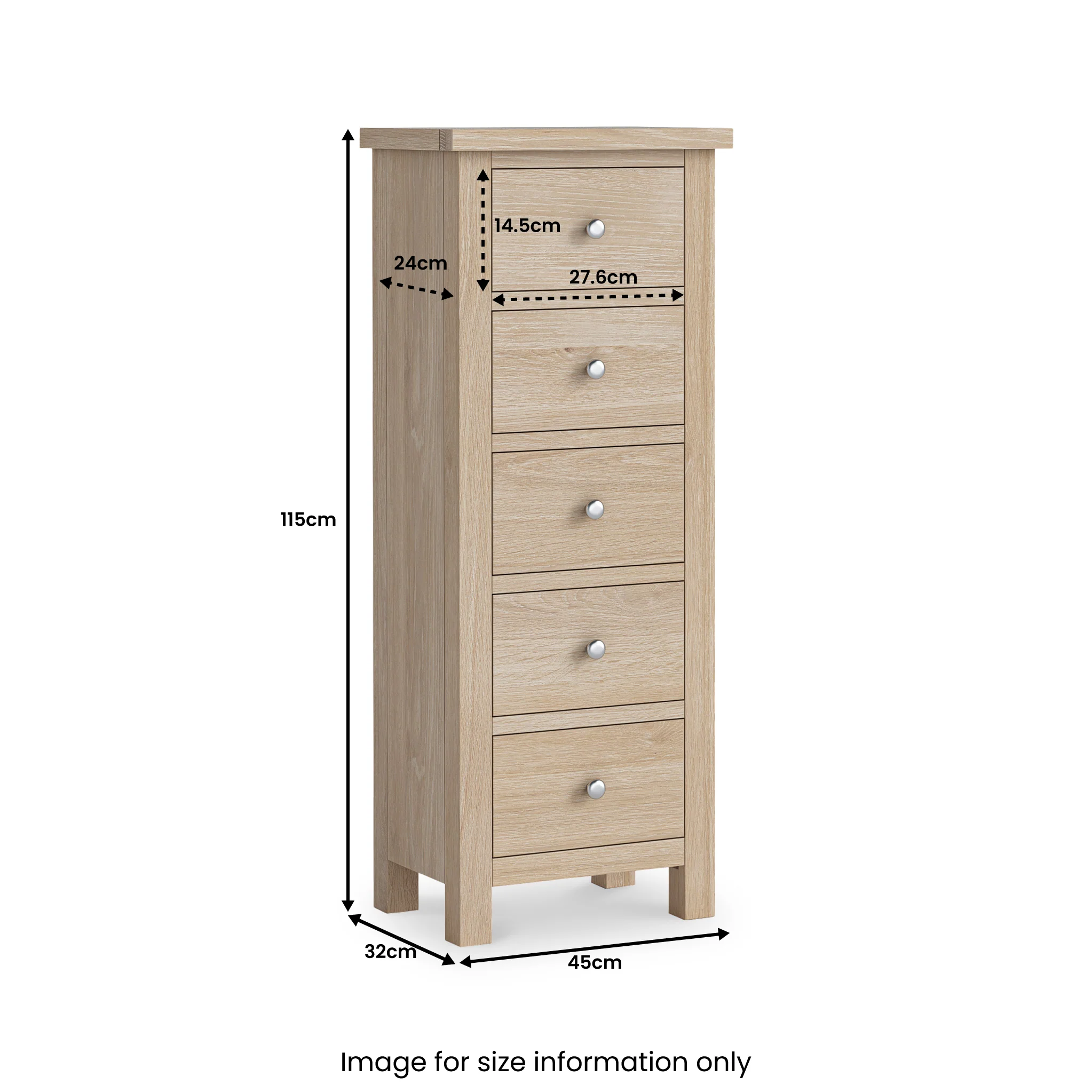 Farro Washed Oak 5 Drawer Tallboy Chest - Image 8