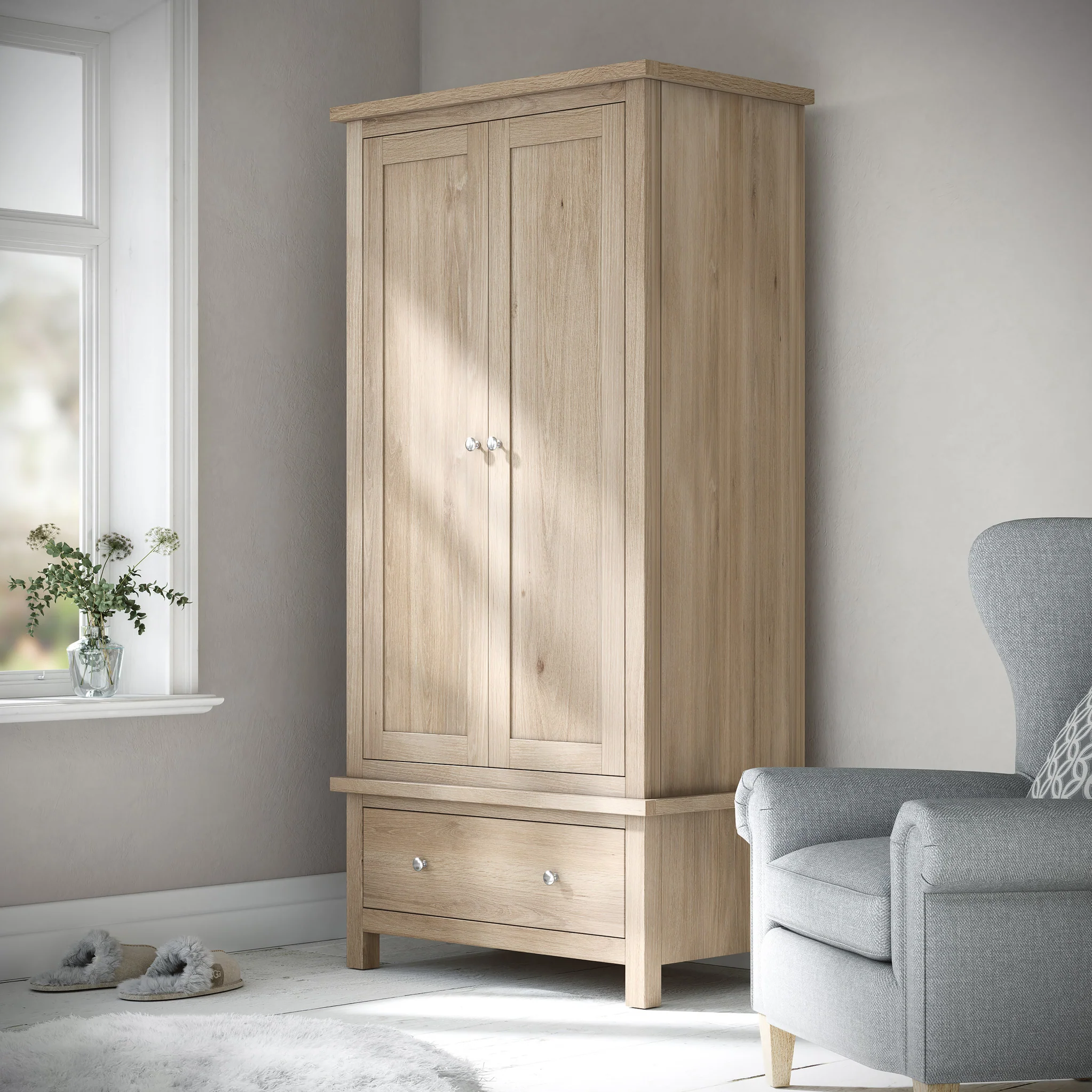 Farro Washed Oak Double Wardrobe with Drawers - Image 2