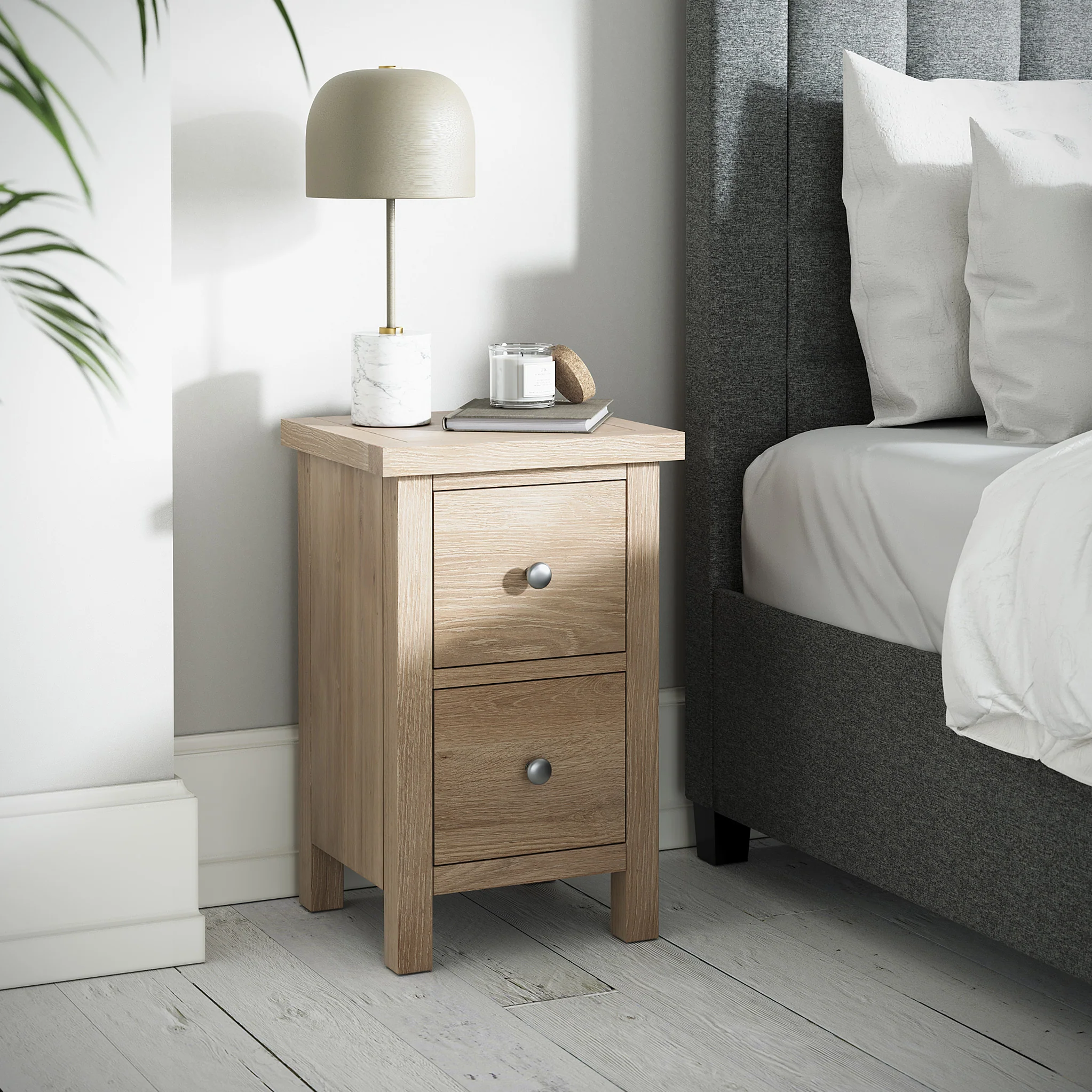 Farro Washed Oak Slim Bedside Table - Image 2
