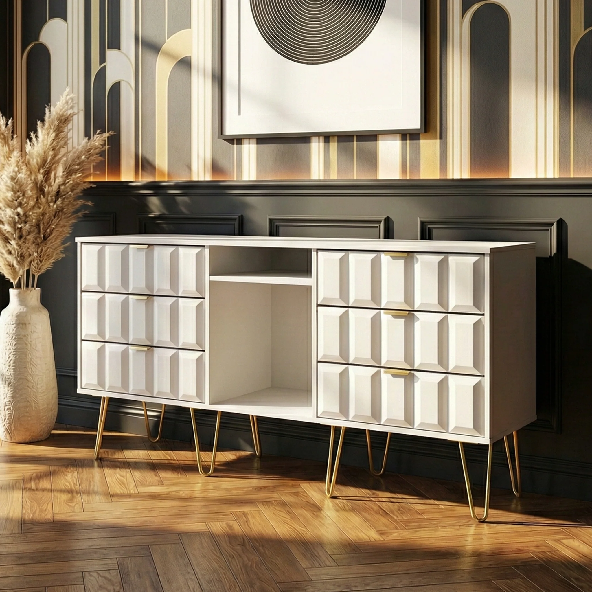 Harlow 6 Drawer Sideboard with Gold Hairpin Legs - Image 2