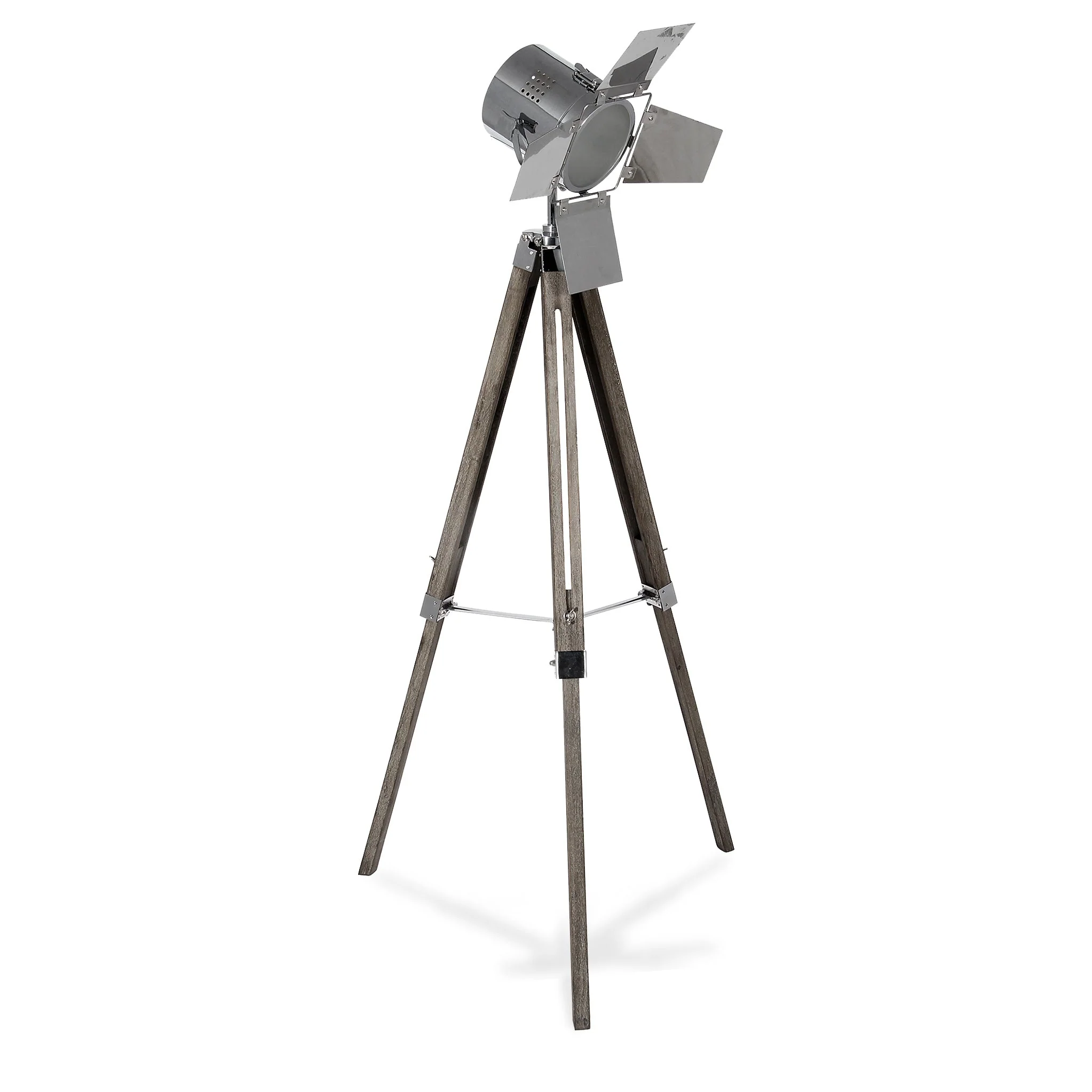 Hereford Silver Metal and Wood Tripod Film Floor Lamp