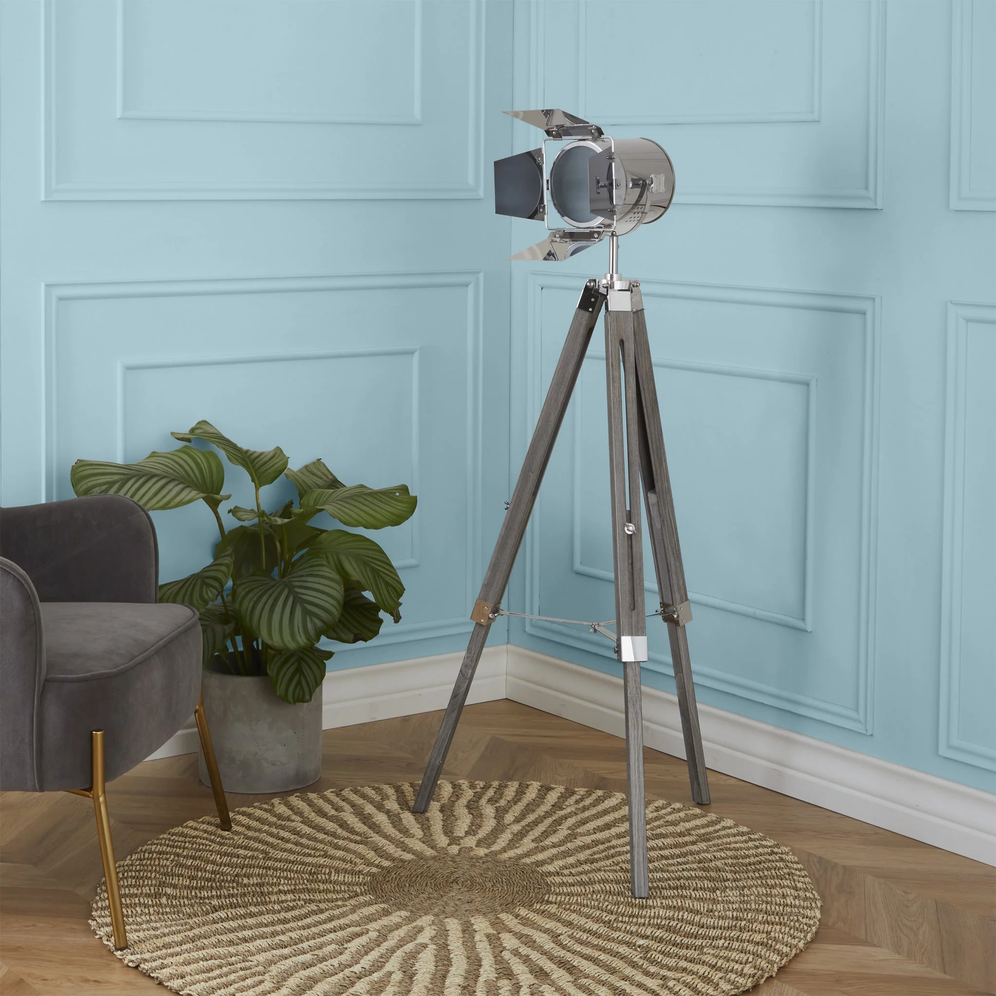 Hereford Silver Metal and Wood Tripod Film Floor Lamp - Image 2