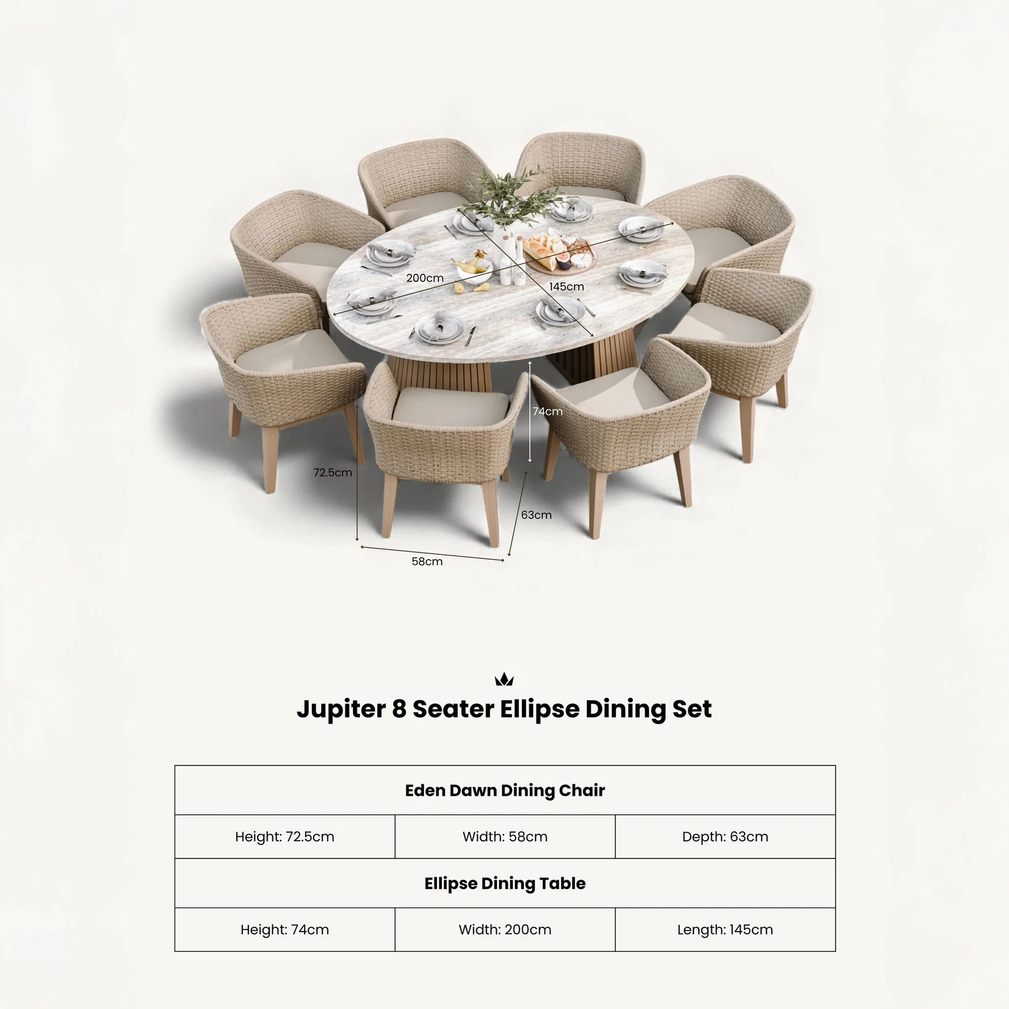 Jupiter 8 Seater Ellipse D Conical Dining Set with Eden Dawn Dining Chairs - Image 10