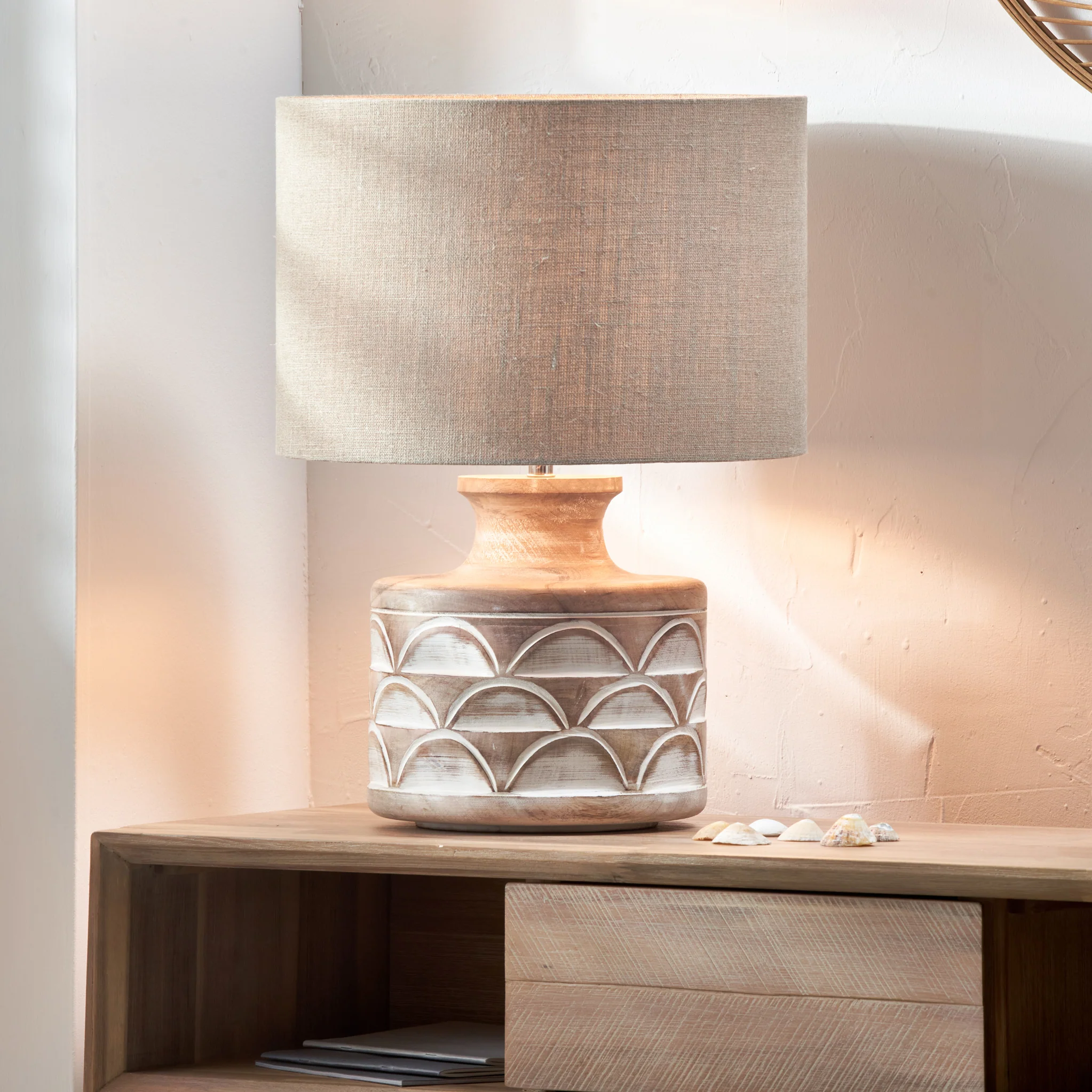 Kingsbury White Wash Large Carved Wood Table Lamp - Image 2