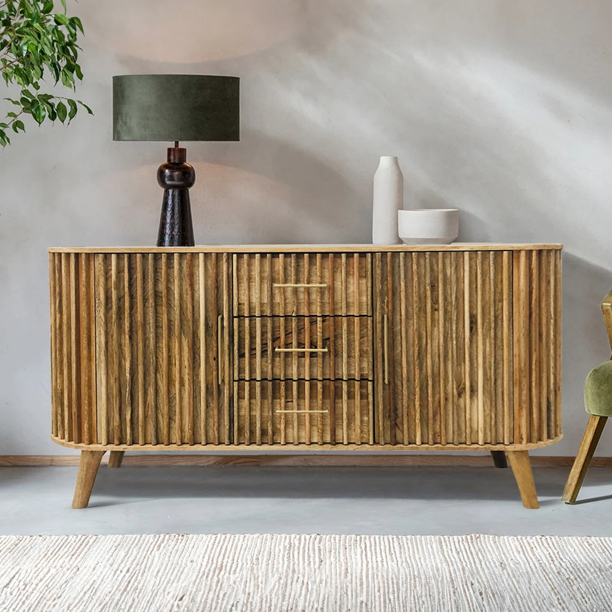 Leo Slatted Mango Wood 2 Door 3 Drawer Sideboard - Image 2