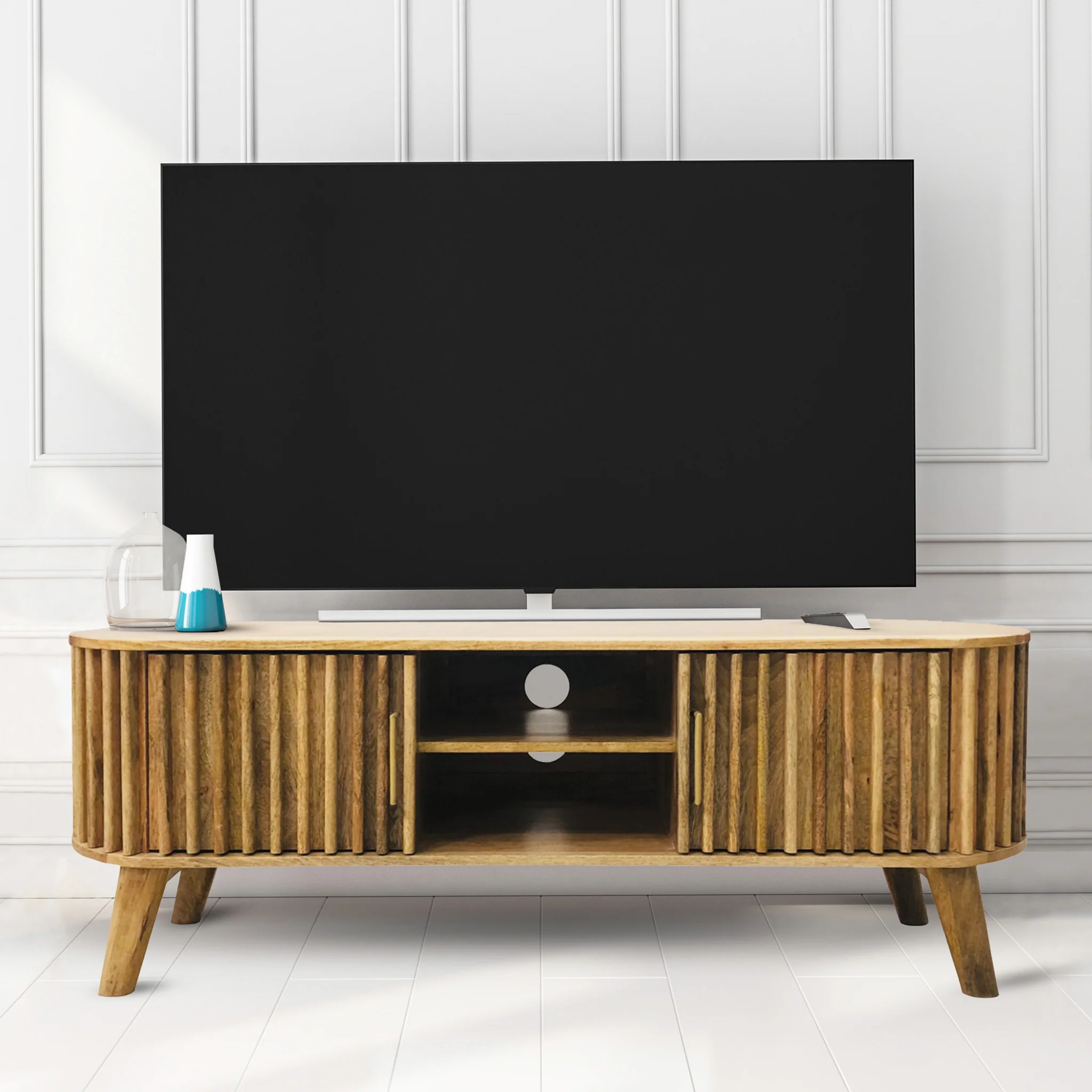 Leo Slatted Mango Wood 2 Door Large TV Unit - Image 2