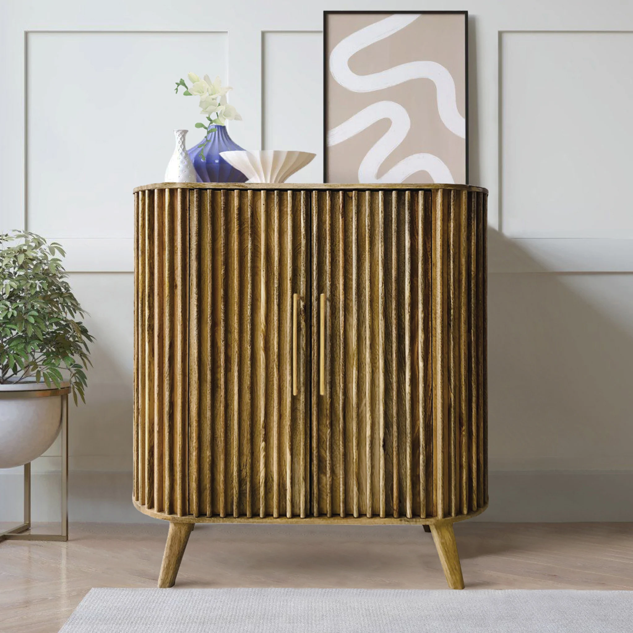 Leo Slatted Mango Wood 2 Door Tall Sideboard - Image 2