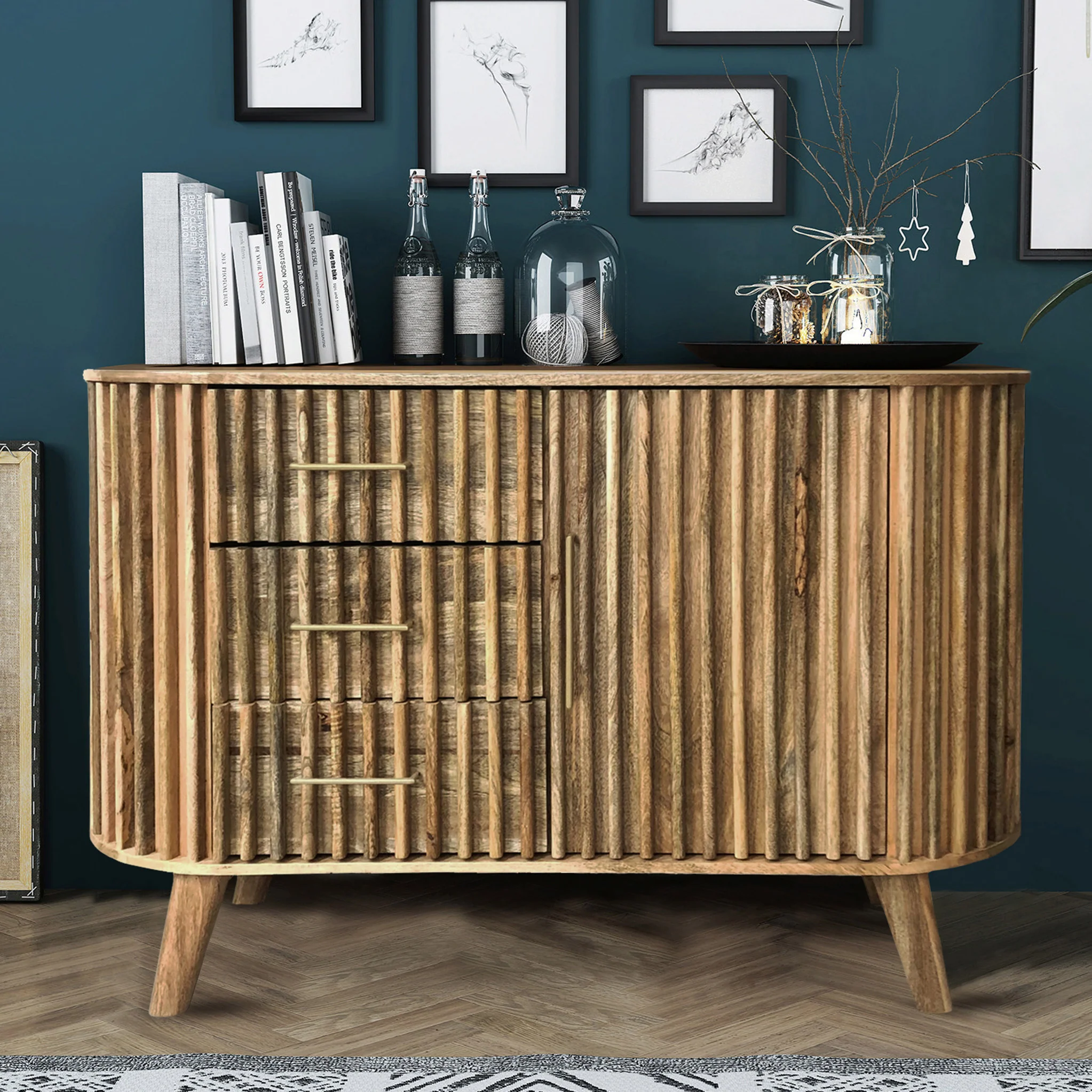 Leo Slatted Mango Wood 3 Drawer 1 Door Sideboard - Image 7