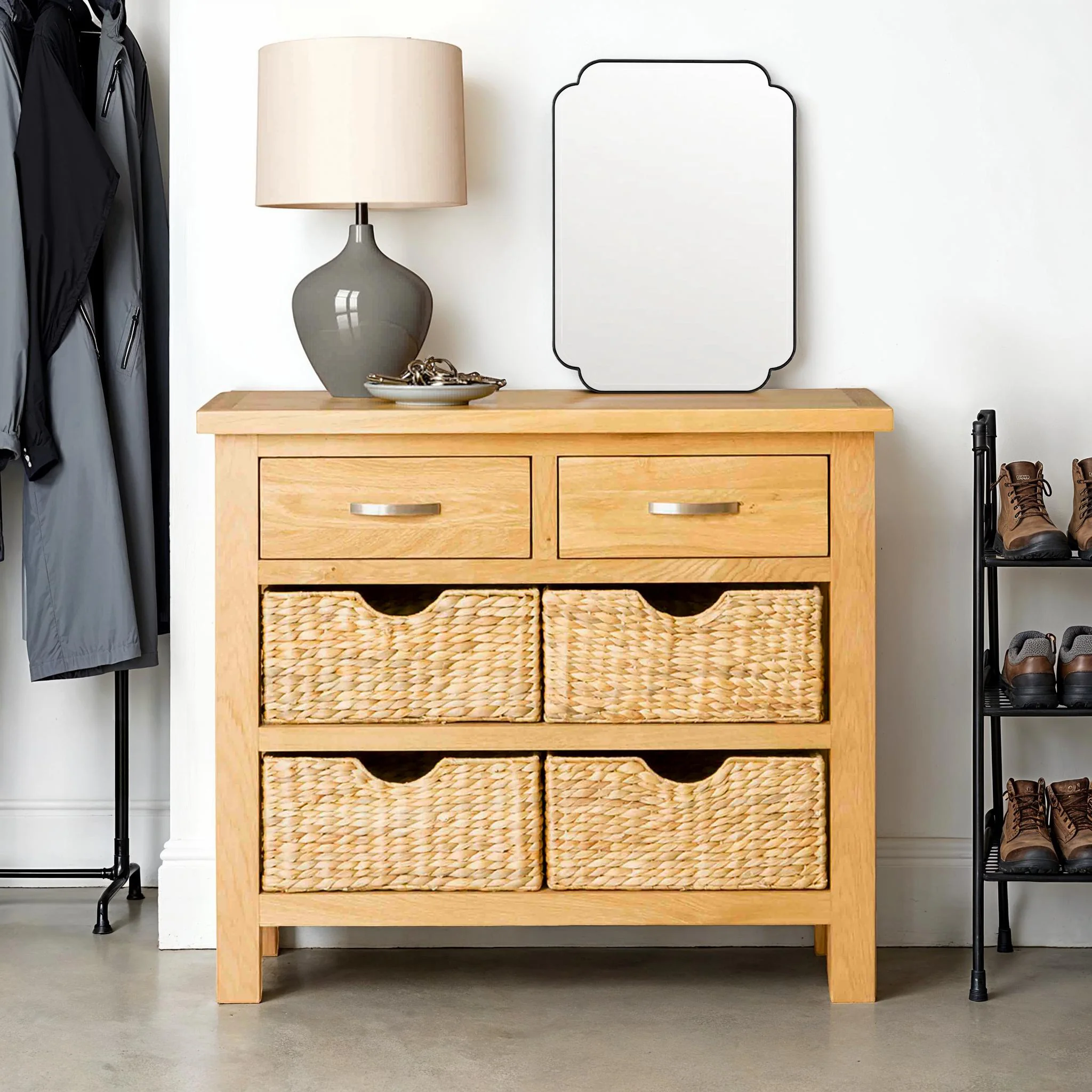 London Oak Console Table with Baskets - Image 2