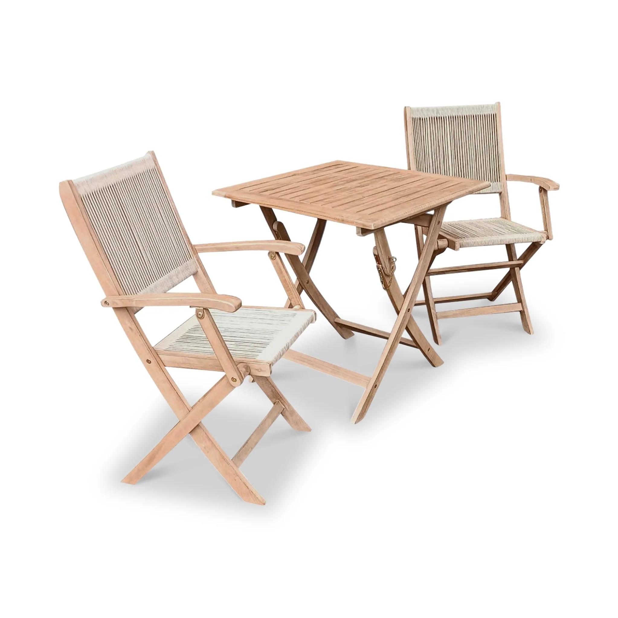 London FSC Acacia 2 Seater Square Folding Bistro Set with London Rope Folding Armchairs - Image 2