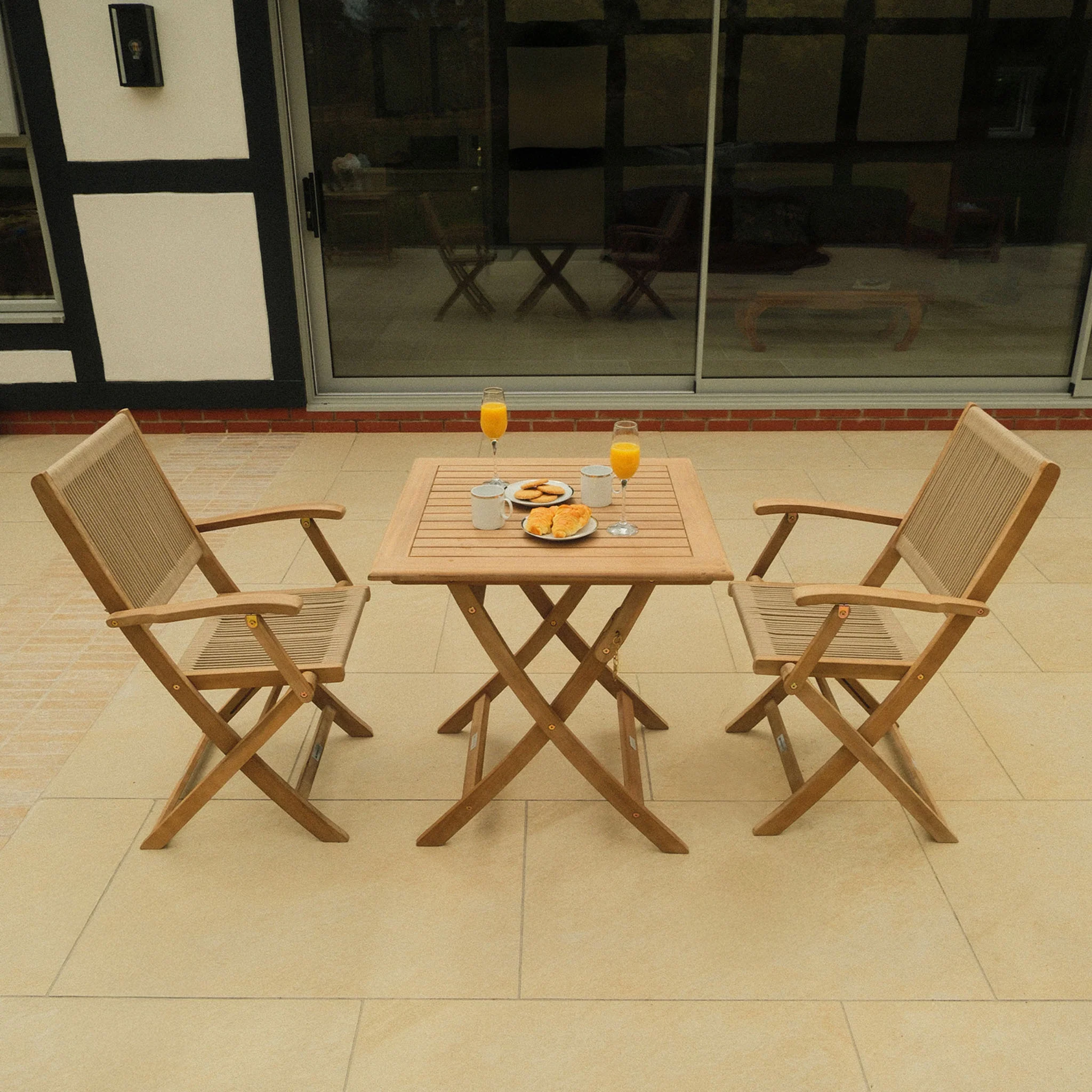 London FSC Acacia 2 Seater Square Folding Bistro Set with London Rope Folding Armchairs - Image 5