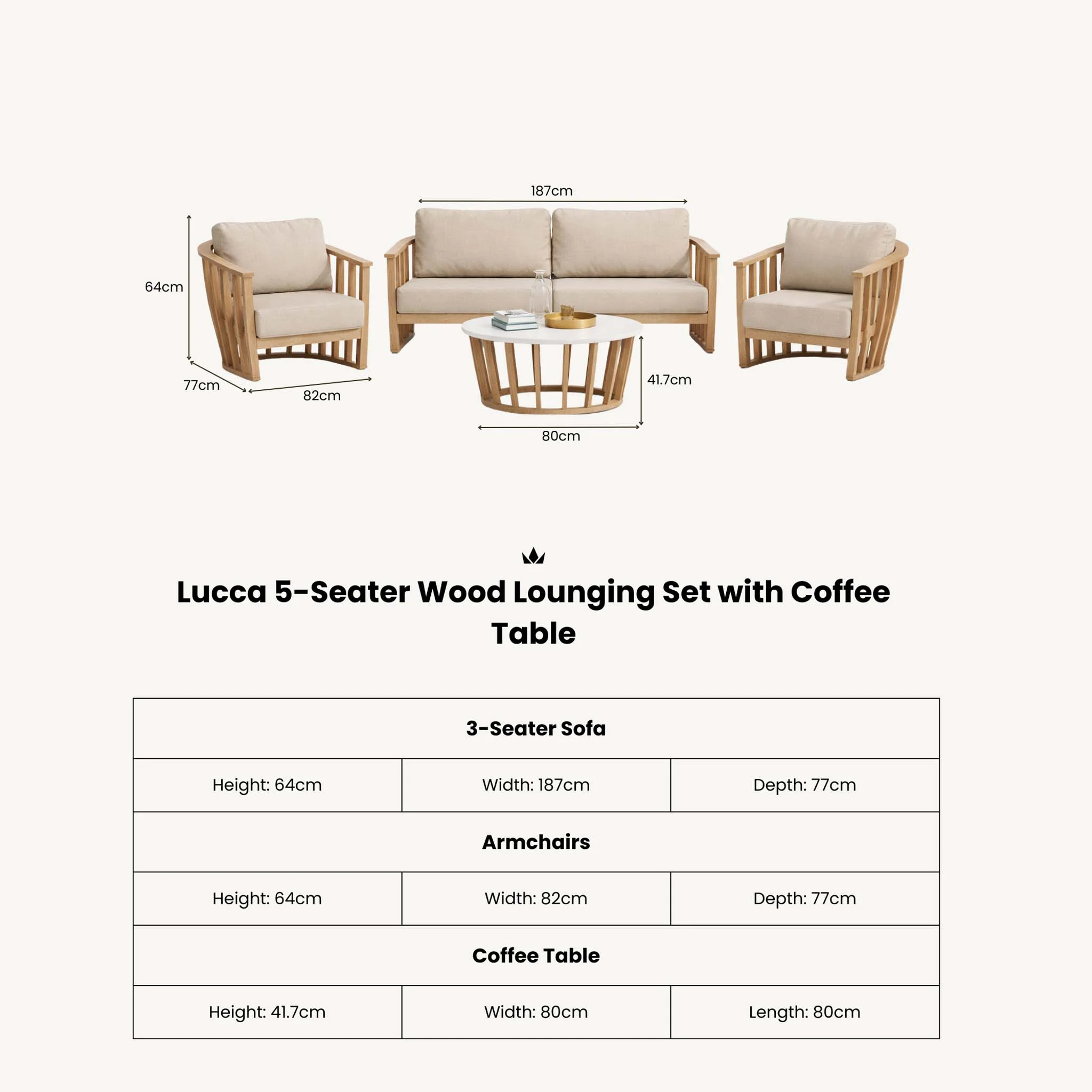 Lucca 5 Seater Acacia Lounging Set with Coffee Table - Image 10
