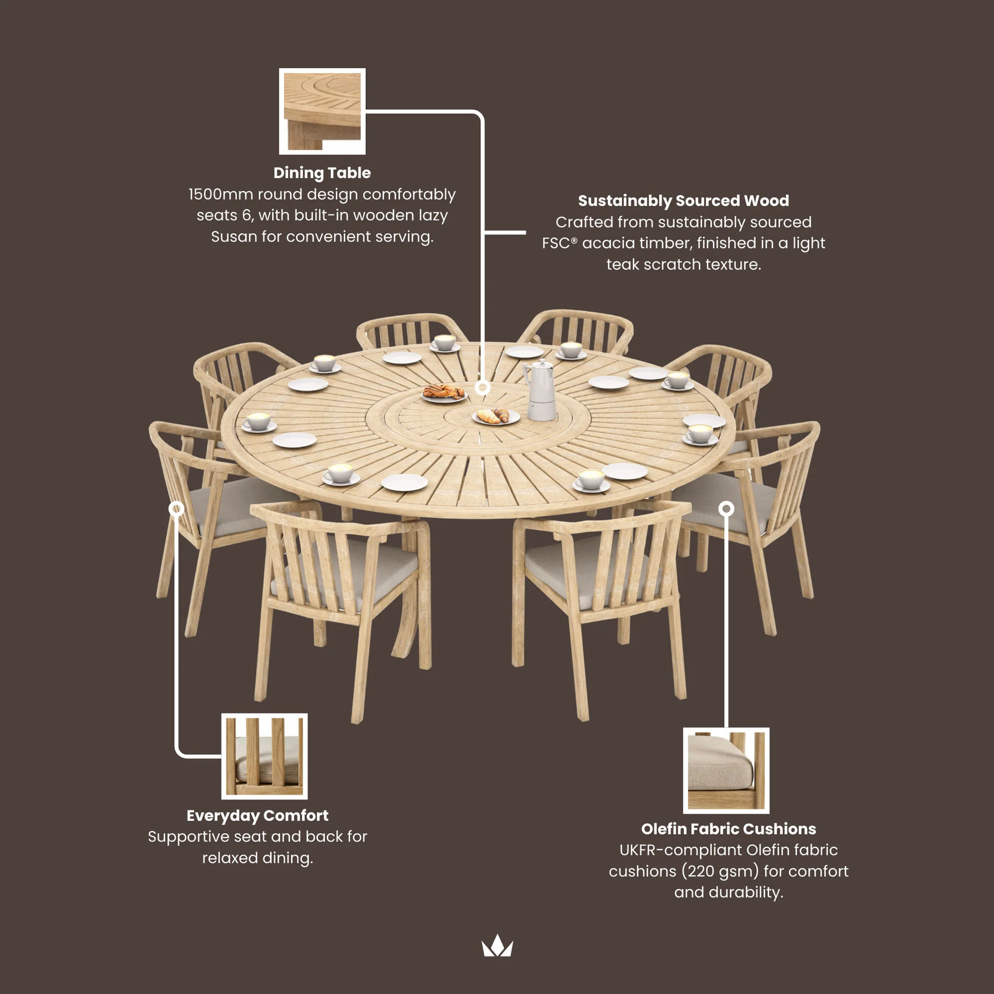 Maris 6 Seater Round Dining Table Set with Riven Chairs - Image 9