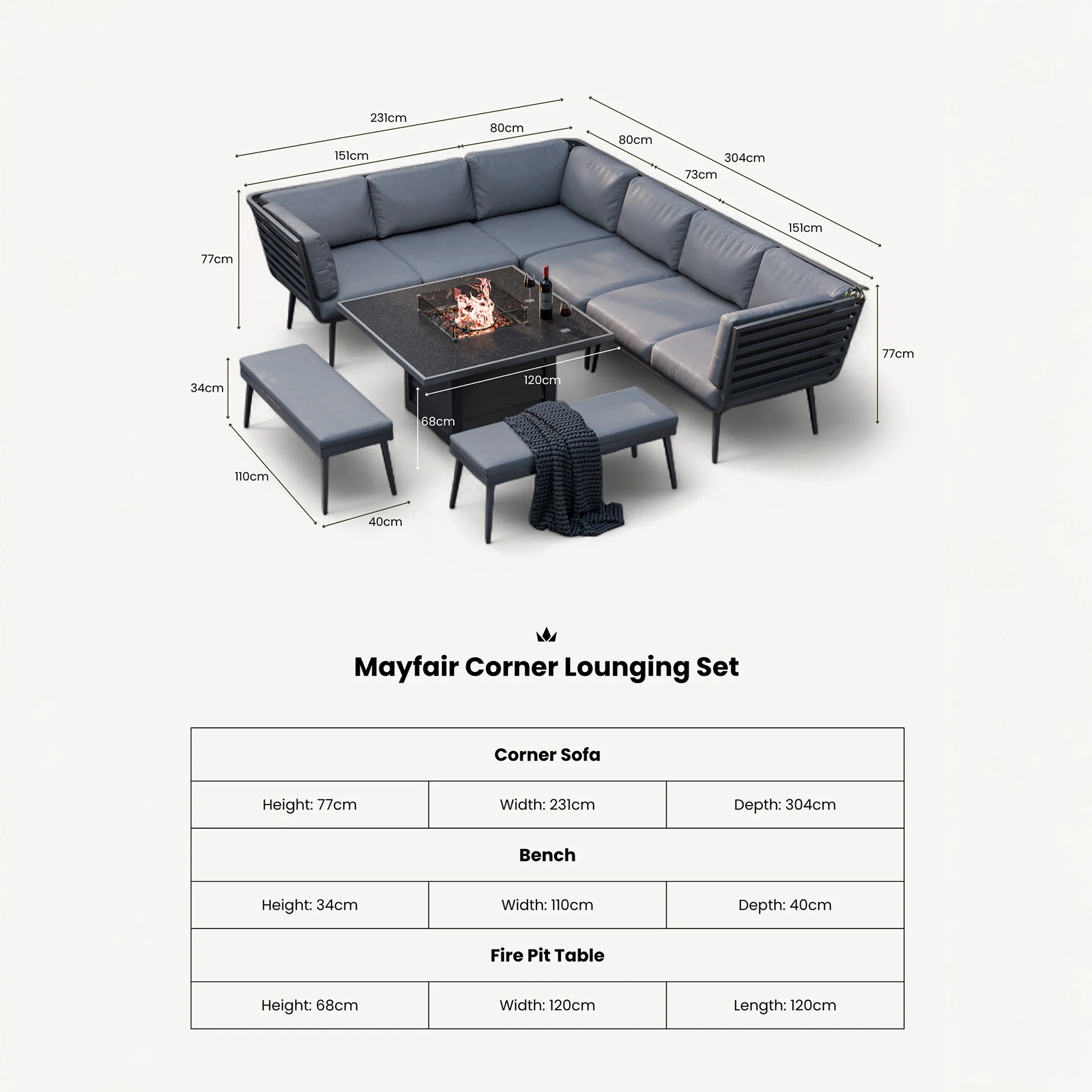 Mayfair 120cm Corner Fire Pit Table Garden Lounge Set - Image 15