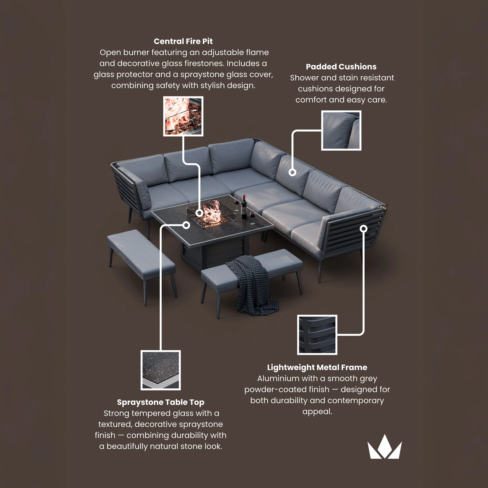 Mayfair 120cm Corner Fire Pit Table Garden Lounge Set - Image 16