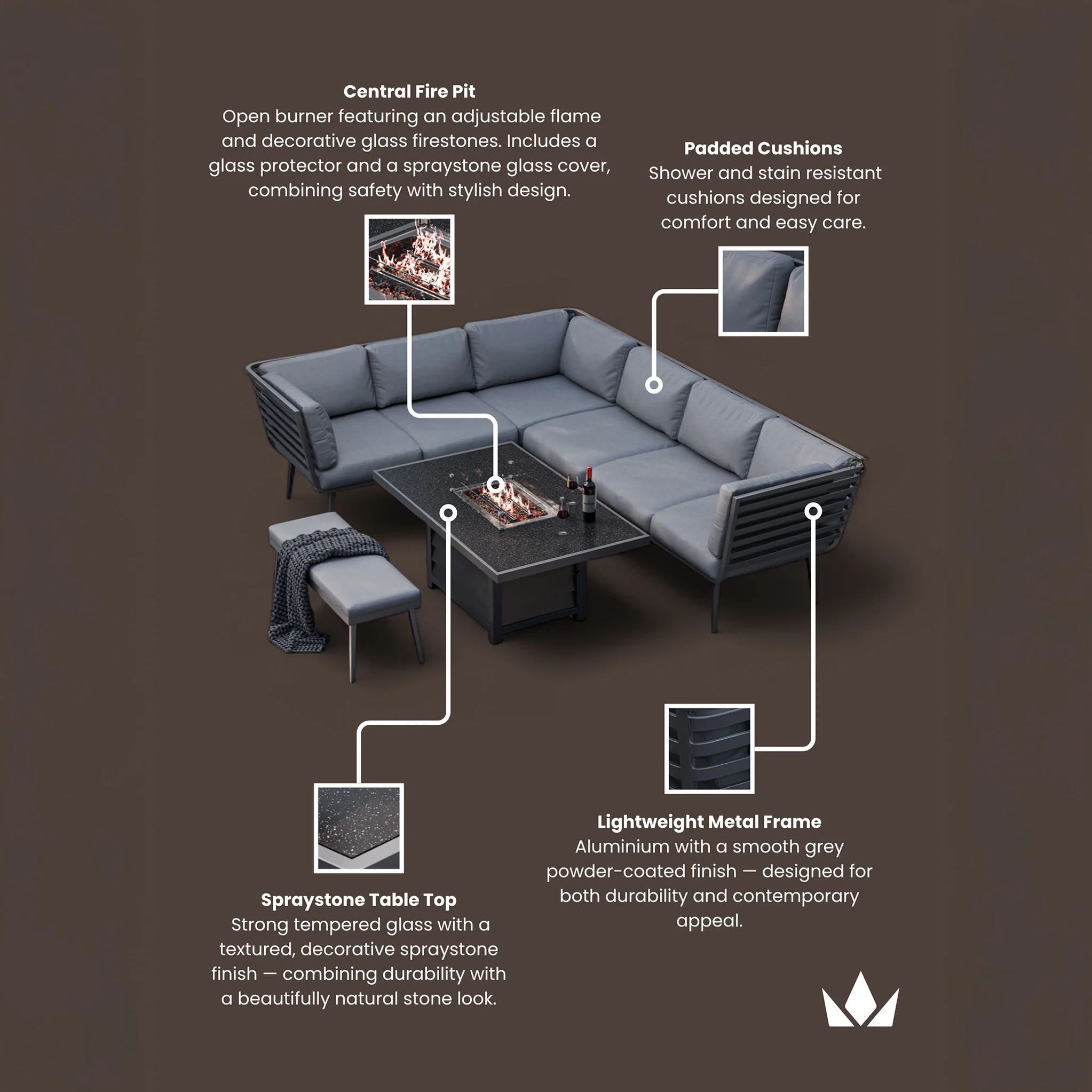Mayfair 150cm Corner Fire Pit Table Garden Lounge Set - Image 13