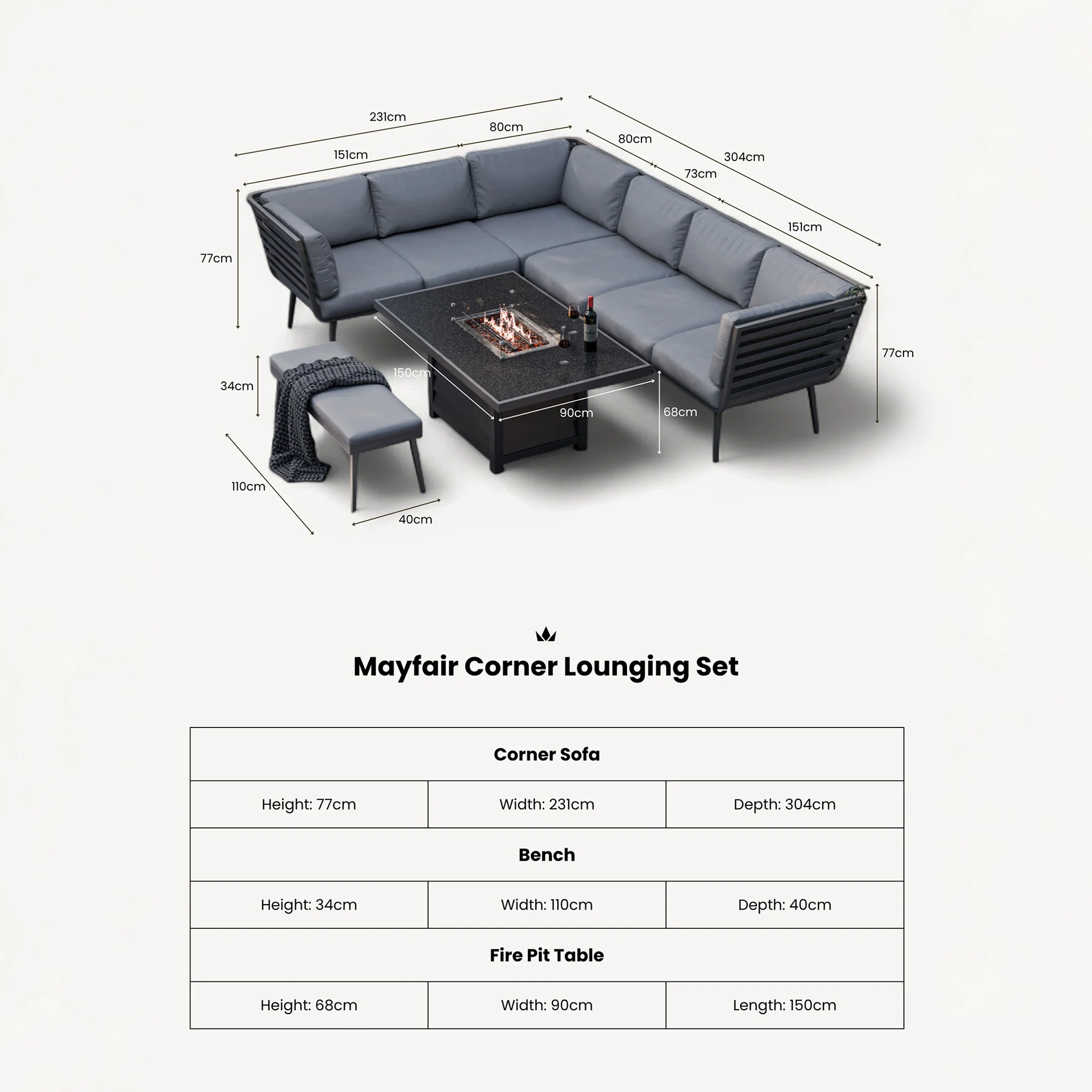 Mayfair 150cm Corner Fire Pit Table Garden Lounge Set - Image 14