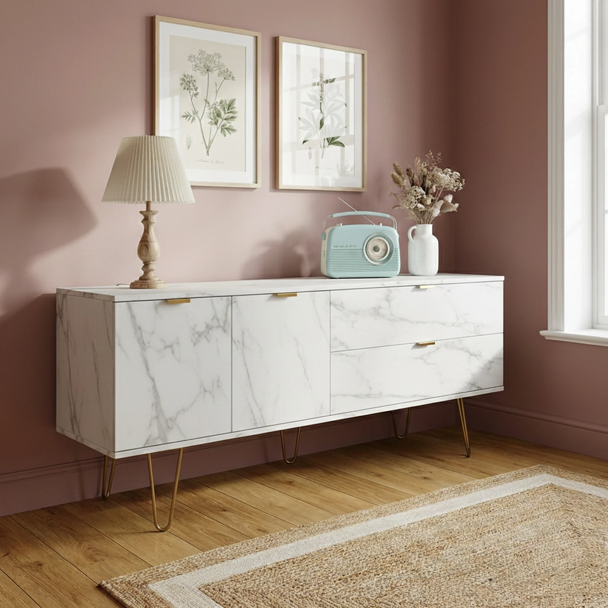 Moreno Marble Effect 2 Drawer 2 Door Wide Sideboard - Image 2