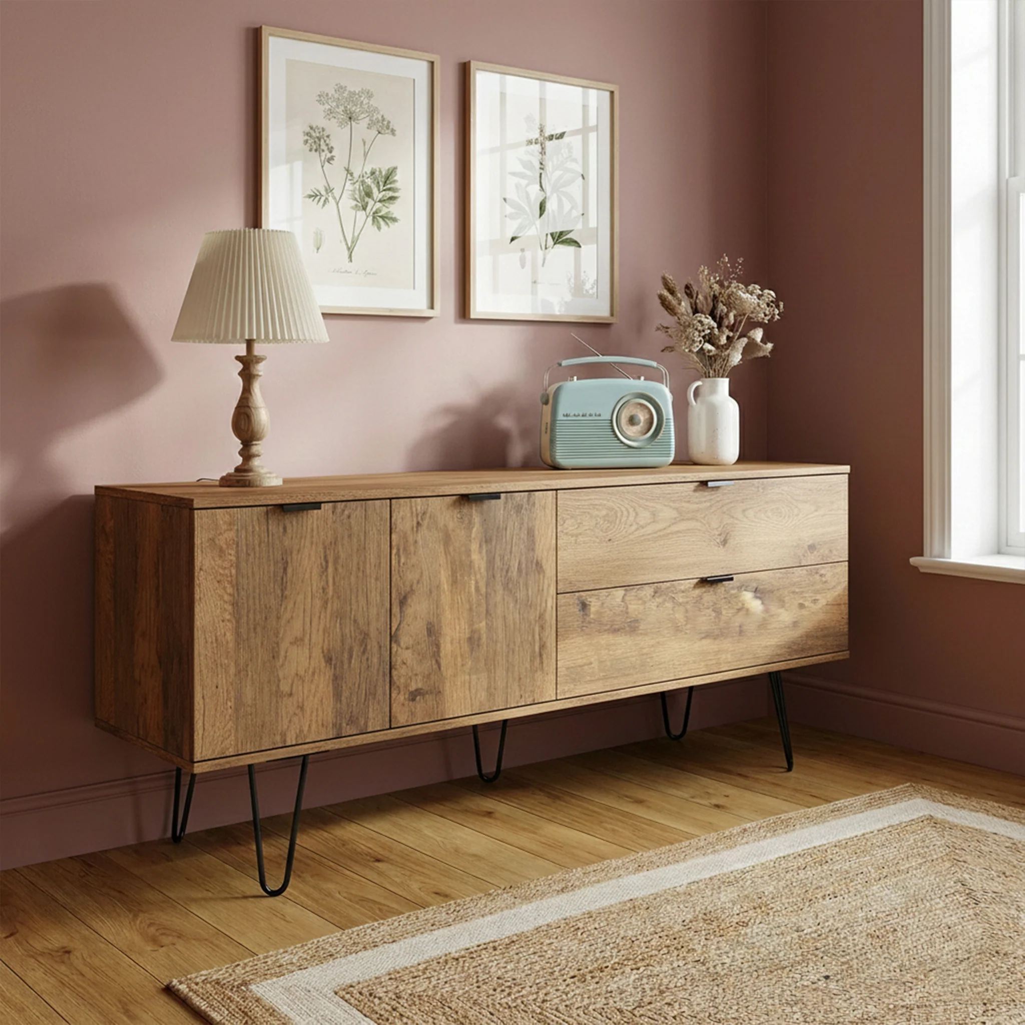 Moreno Rustic Oak 2 Drawer 2 Door Wide Sideboard - Image 2