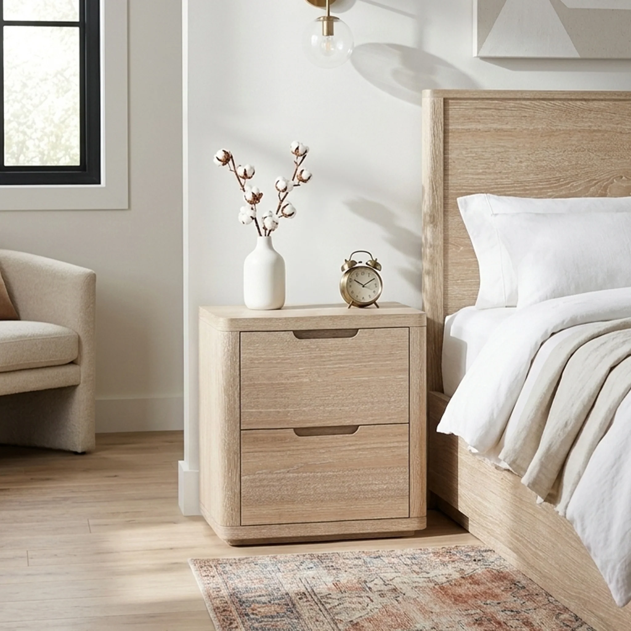 Mylor Washed Oak 2 Drawer Wide Bedside Table - Image 2