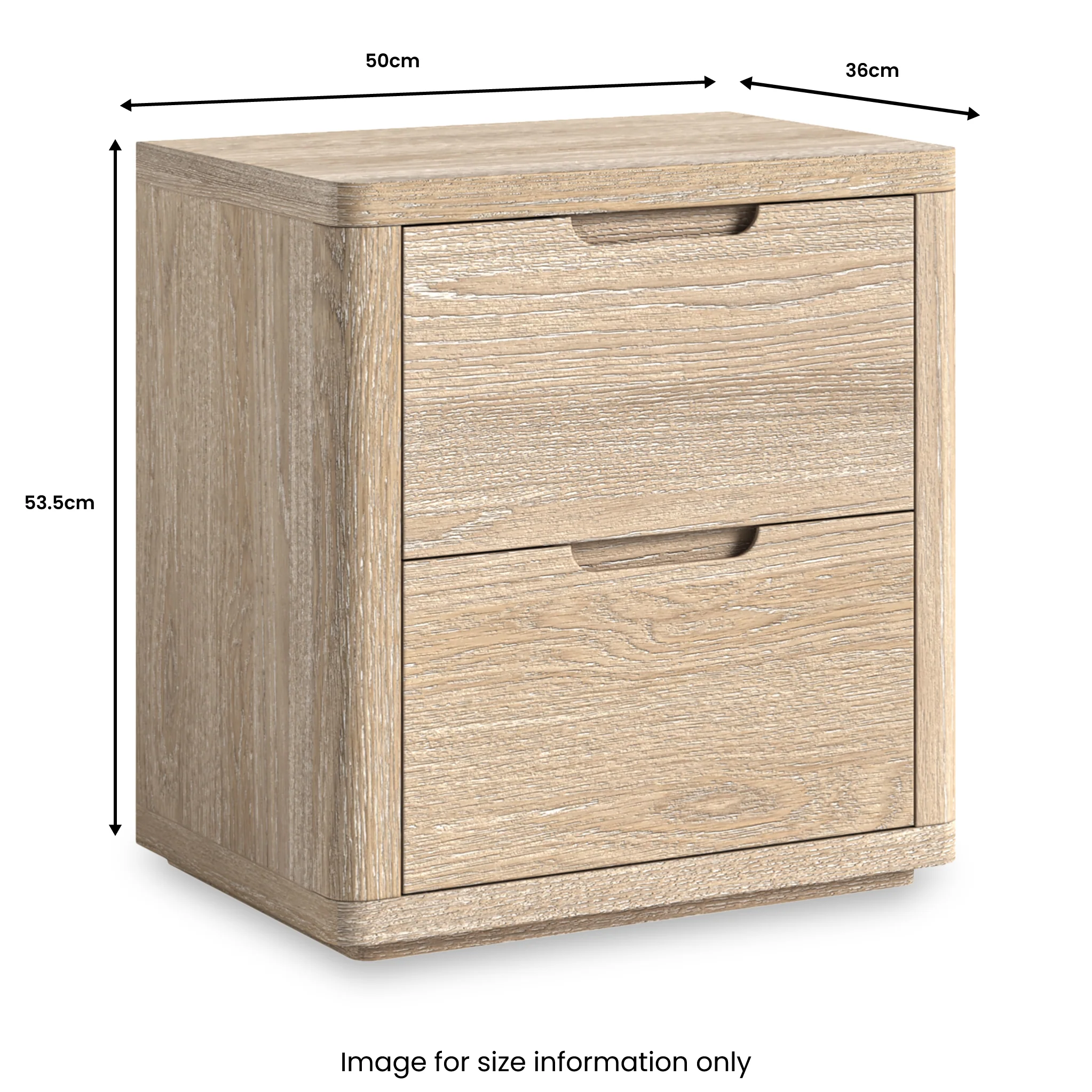 Mylor Washed Oak 2 Drawer Wide Bedside Table - Image 3