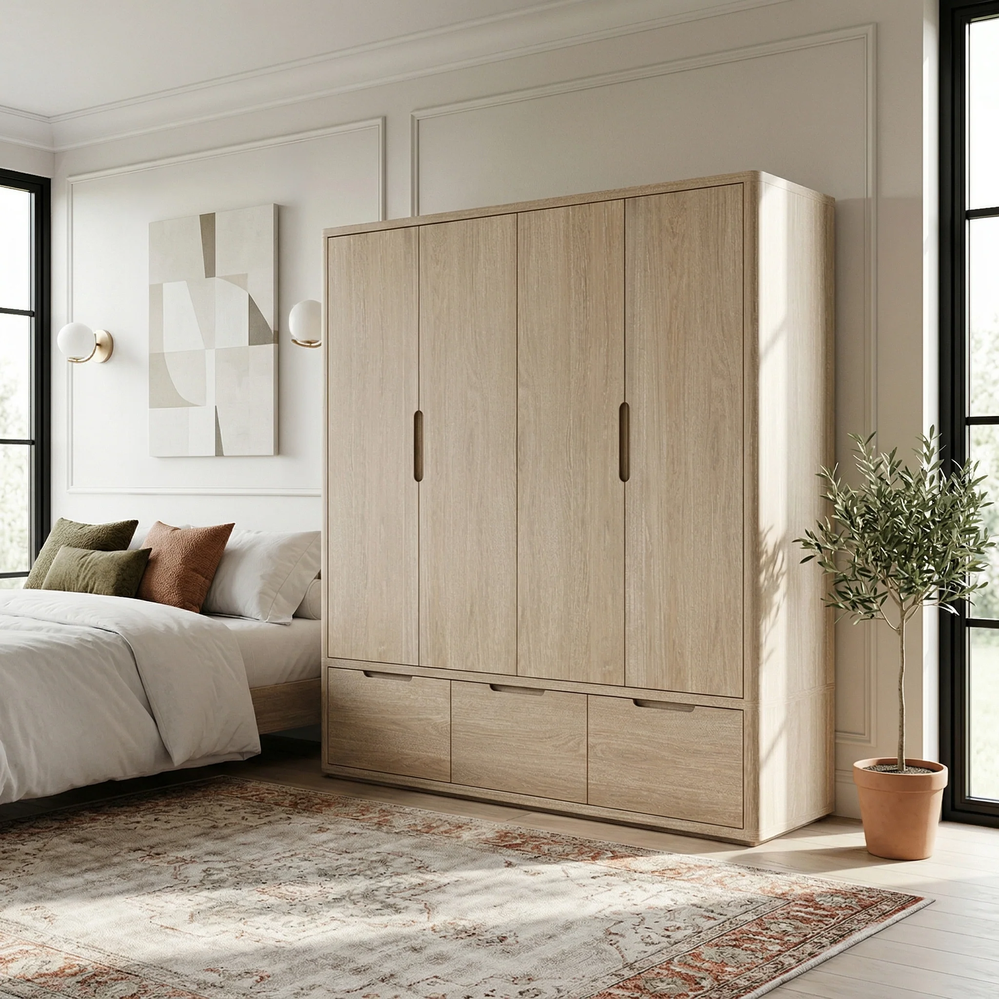 Mylor Washed Oak 4 Door Wardrobe with 3 Drawers - Image 2