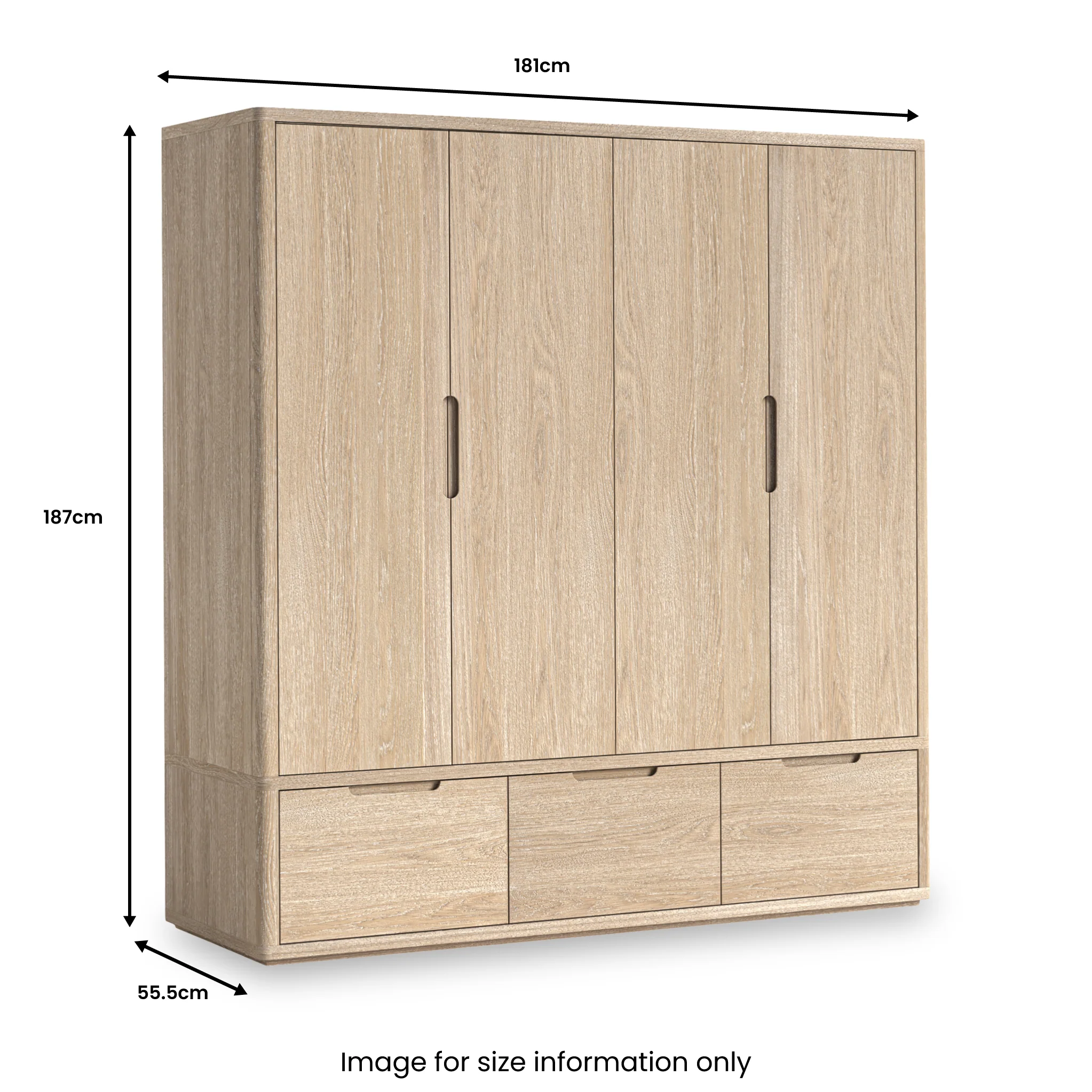 Mylor Washed Oak 4 Door Wardrobe with 3 Drawers - Image 3