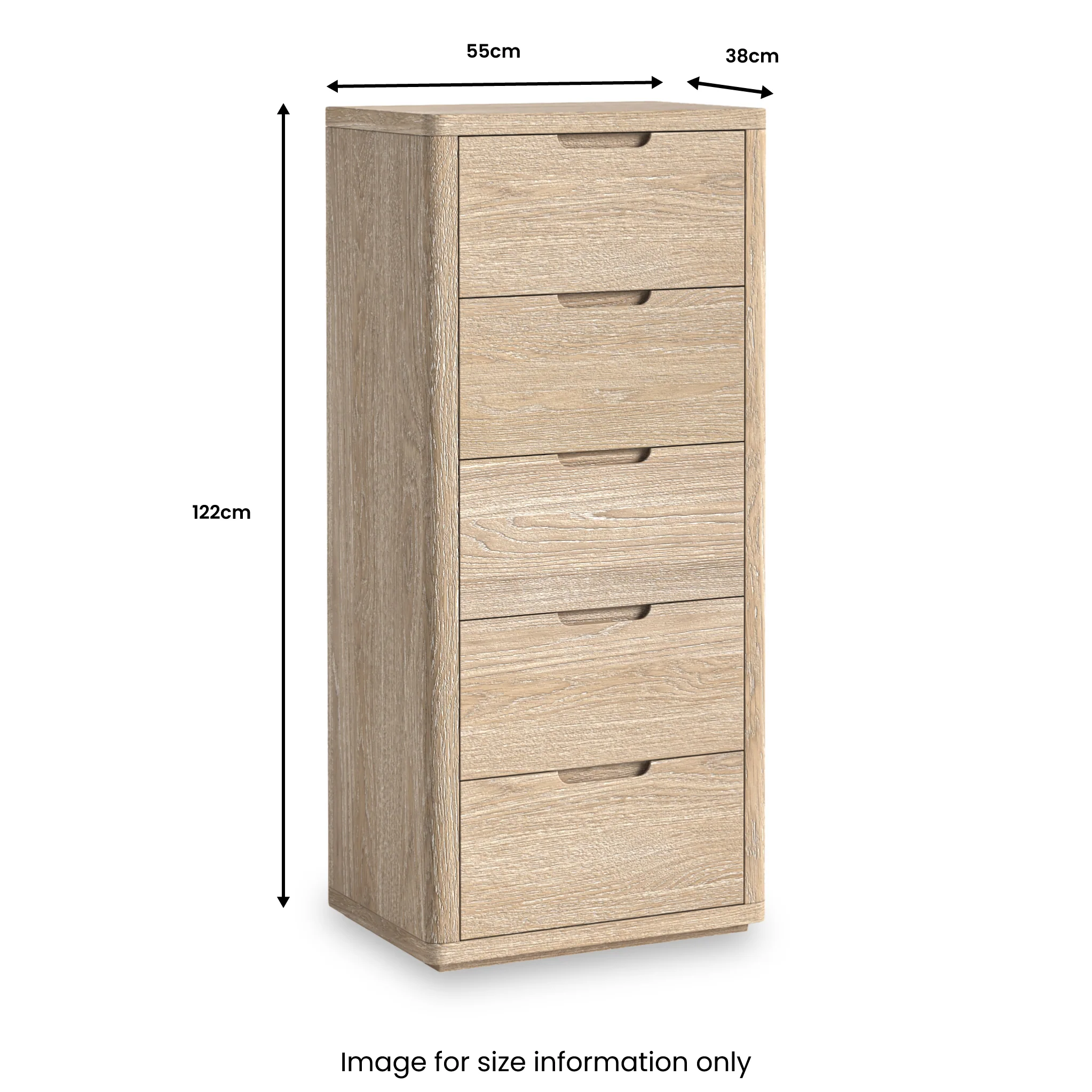 Mylor Washed Oak 5 Drawer Tallboy Chest - Image 3