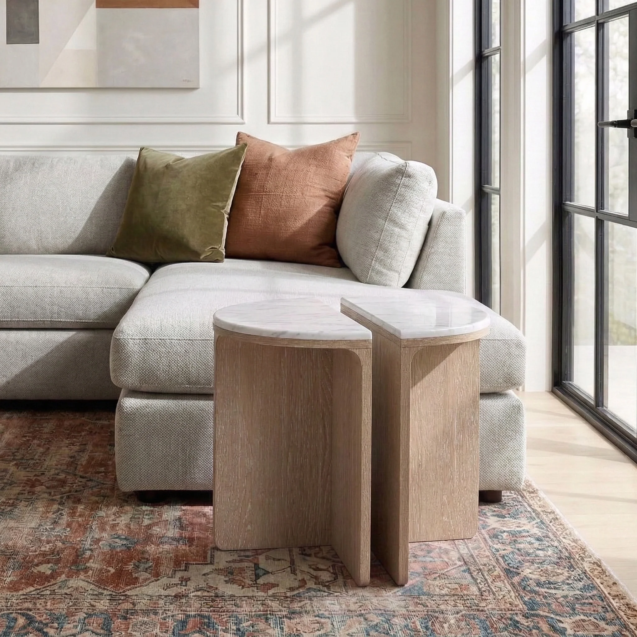 Mylor Washed Oak Marble Top Half Moon Nest of Tables - Image 2