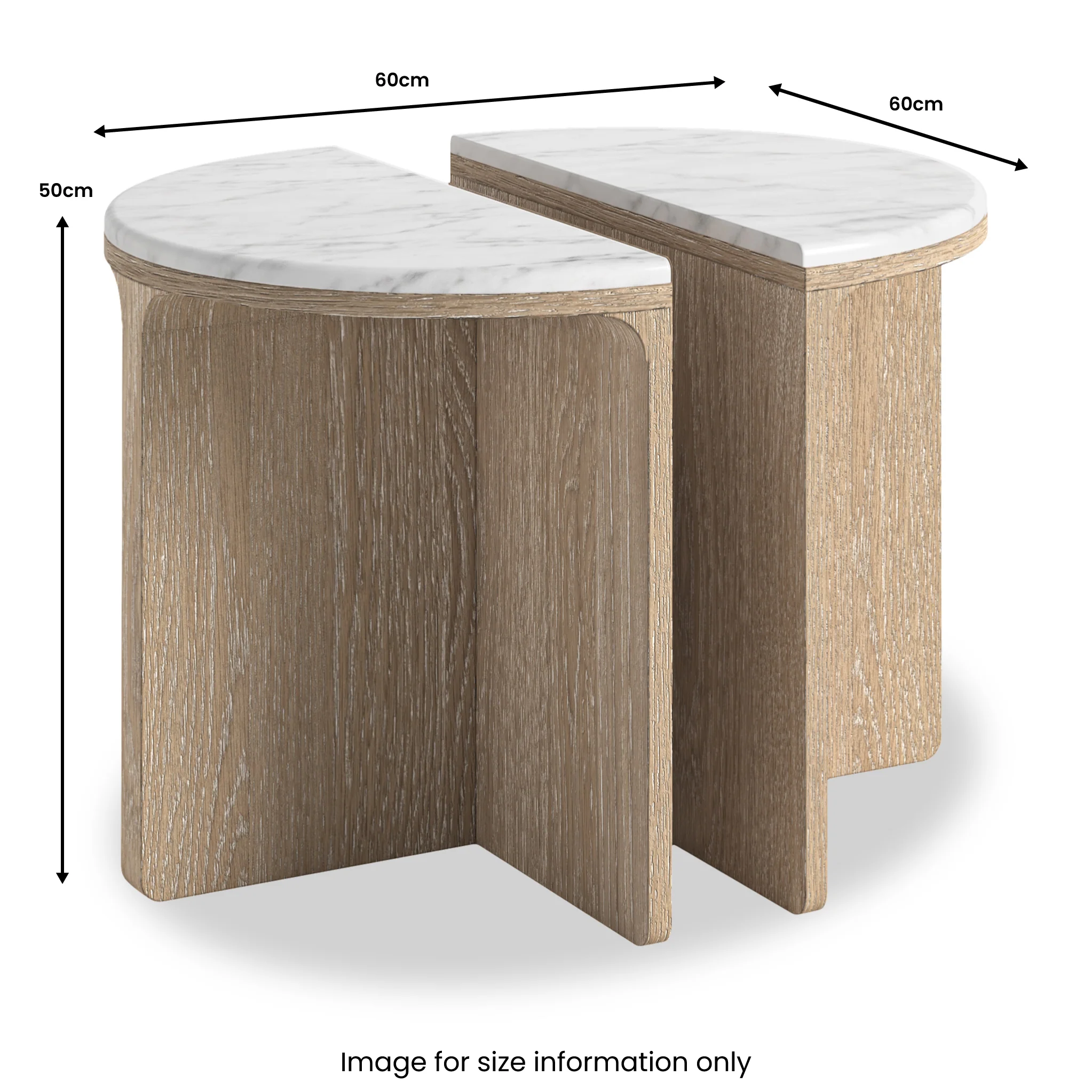 Mylor Washed Oak Marble Top Half Moon Nest of Tables - Image 4