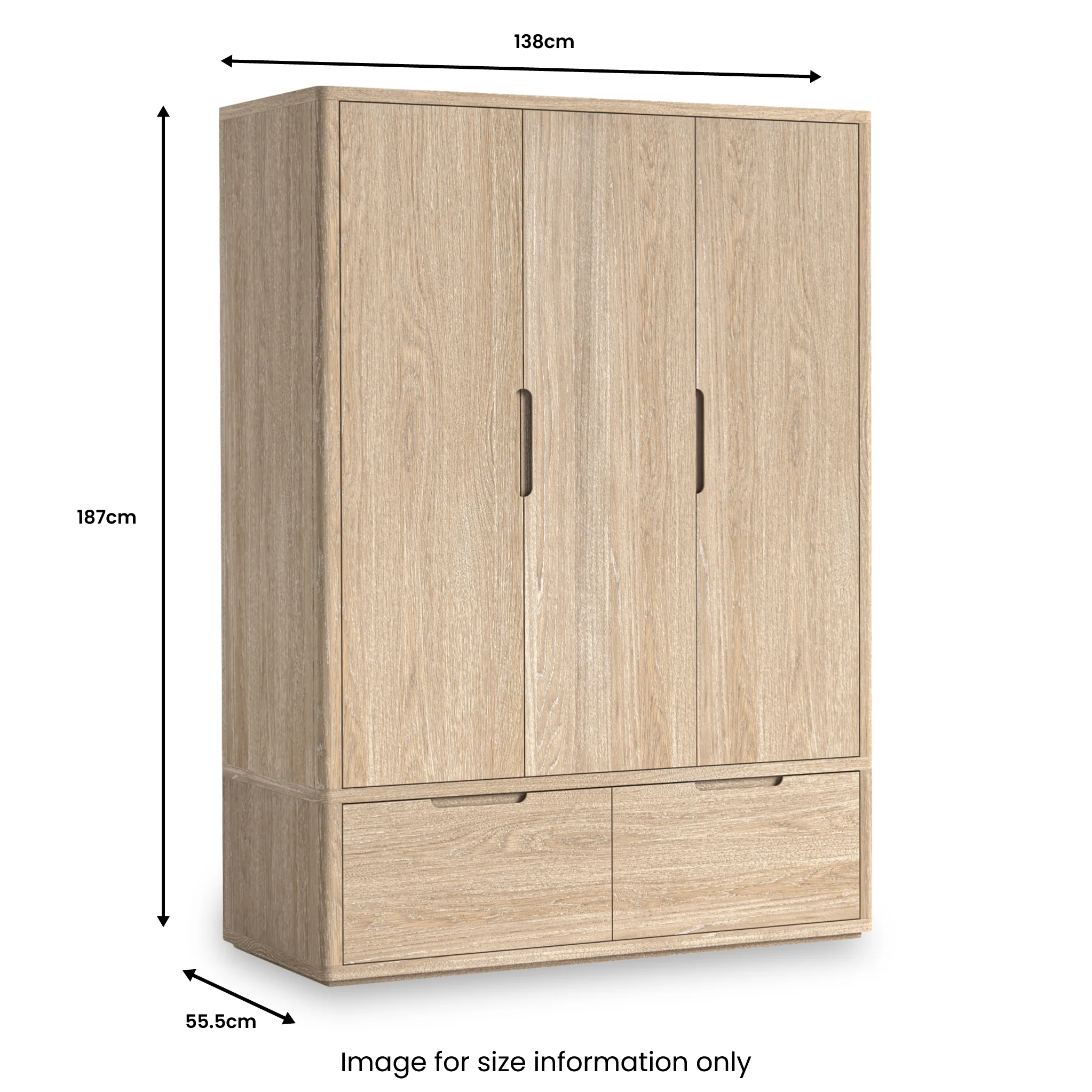 Mylor Washed Oak Triple Wardrobe with 2 Drawers - Image 3