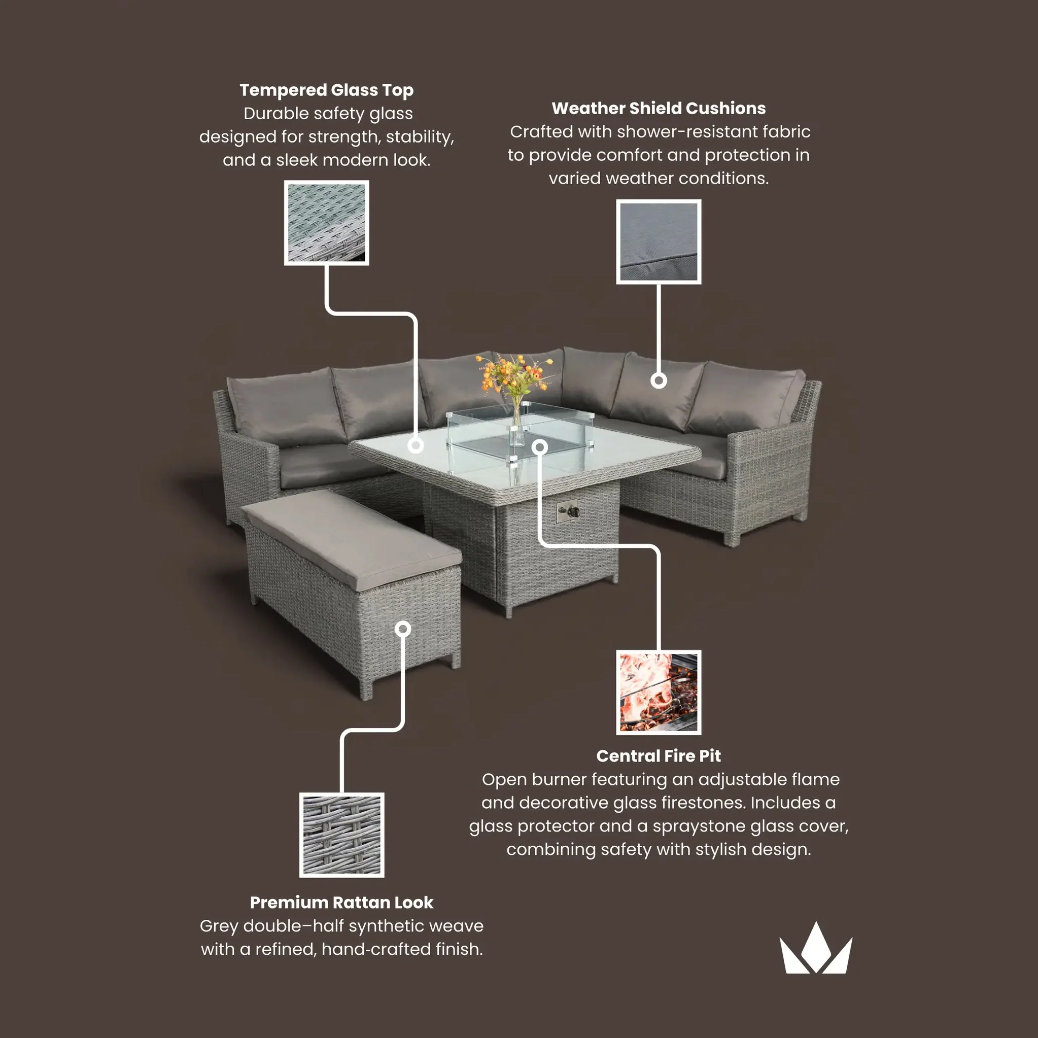 Paris 120cm Fire Pit Dine or Lounge Rattan Set with Bench - Image 14