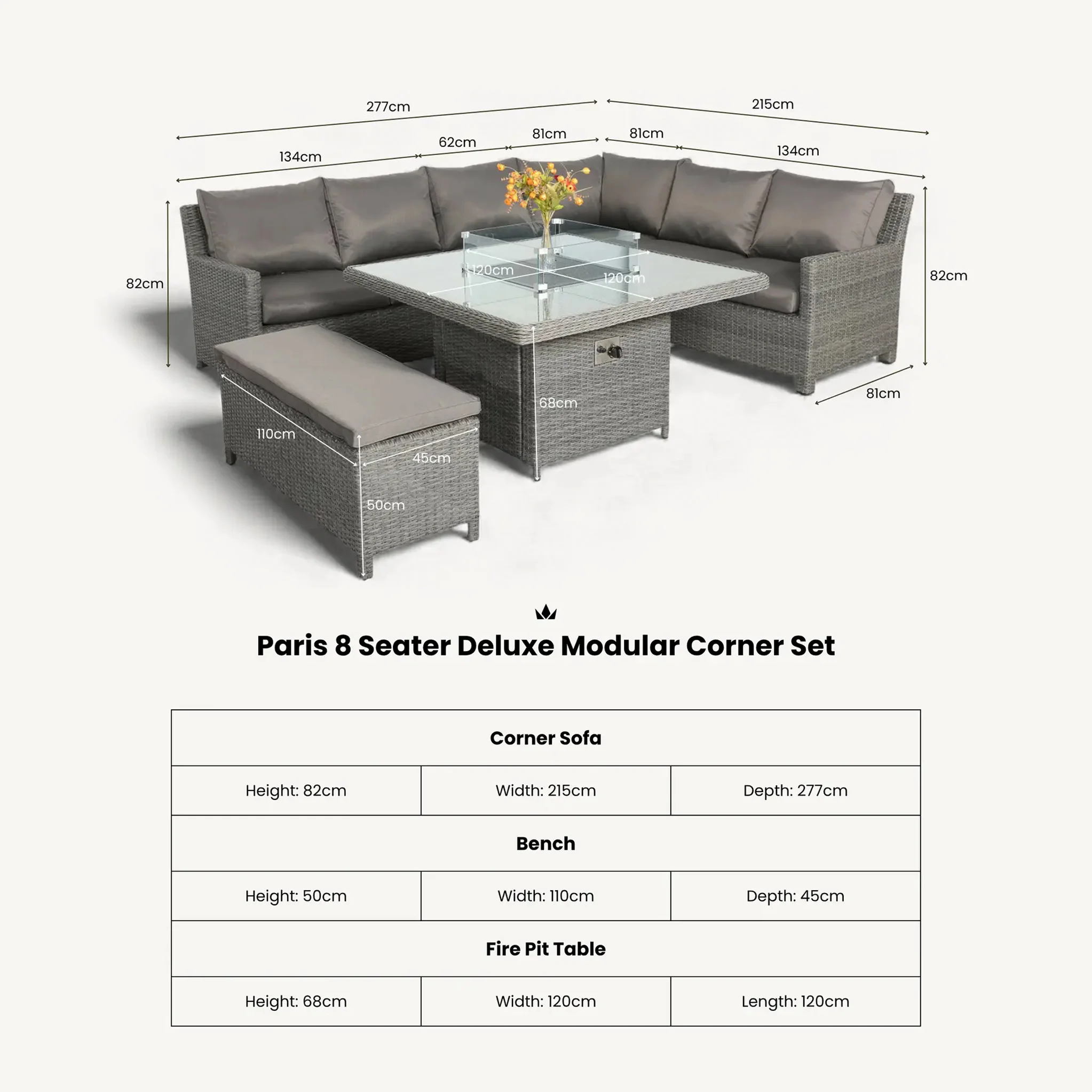 Paris 120cm Fire Pit Dine or Lounge Rattan Set with Bench - Image 15