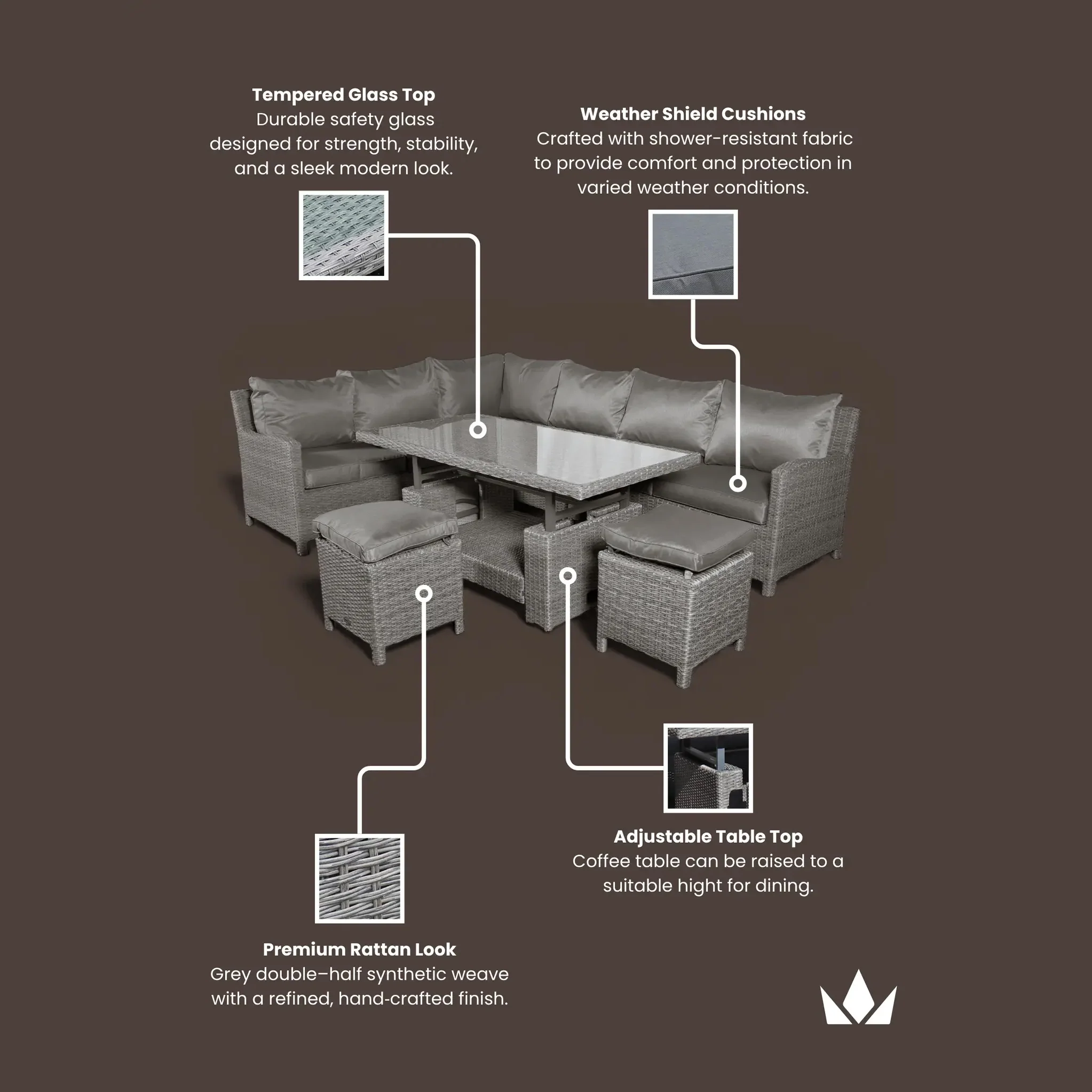 Paris Rattan Lounge Dining Set with Rise and Fall Table - Image 20