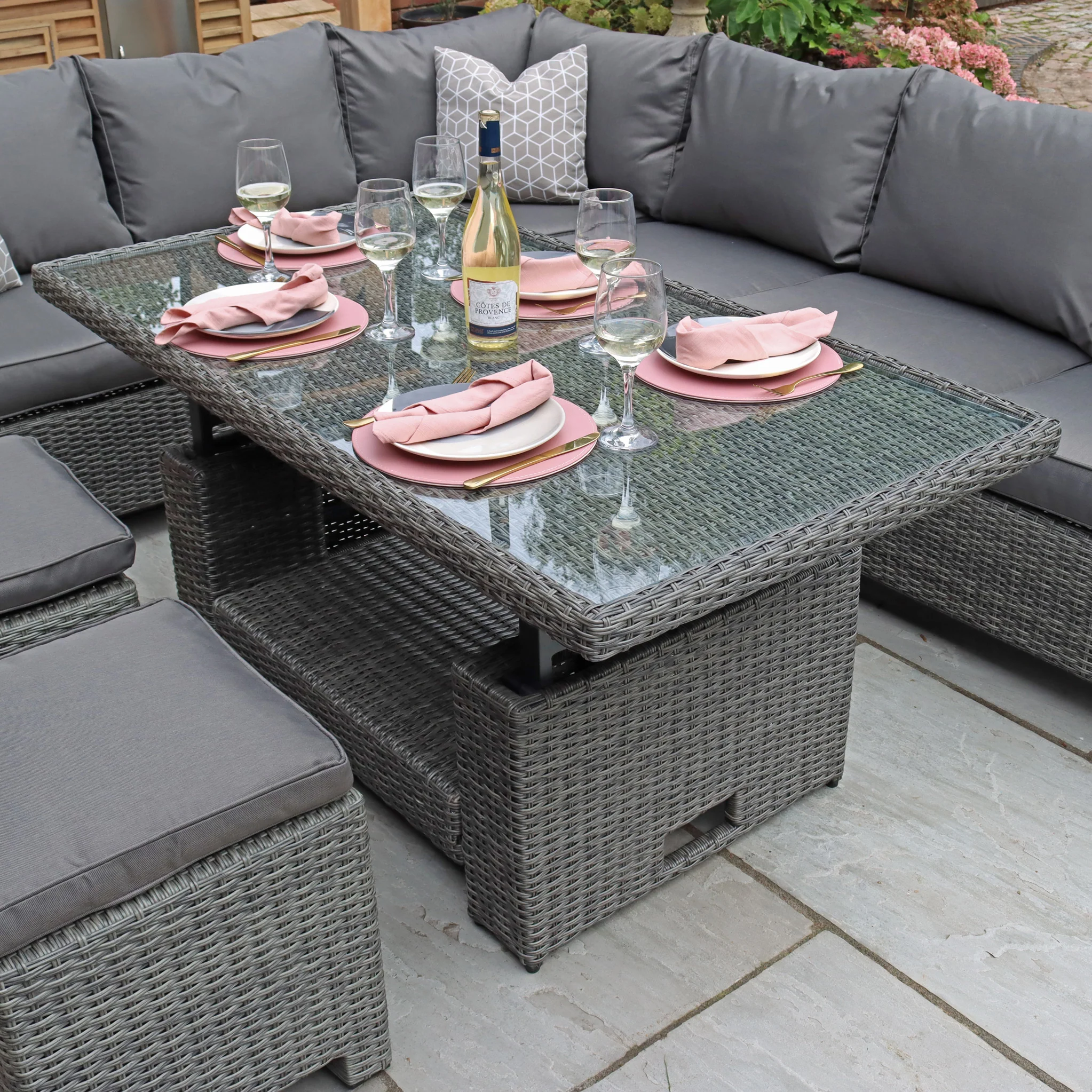 Paris Rattan Lounge Dining Set with Rise and Fall Table - Image 4