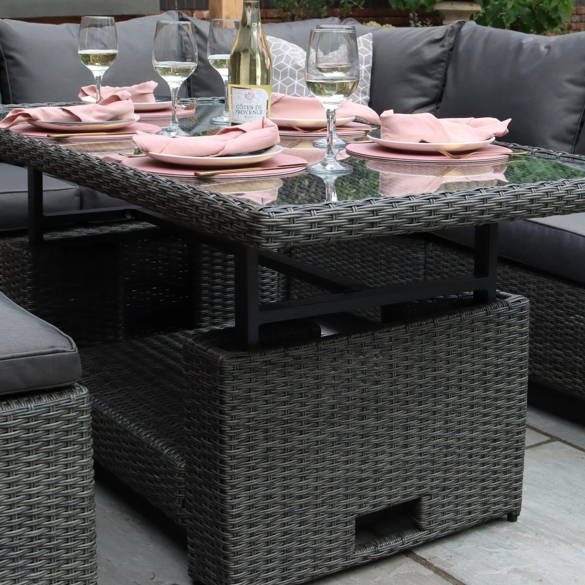 Paris Rattan Lounge Dining Set with Rise and Fall Table - Image 5