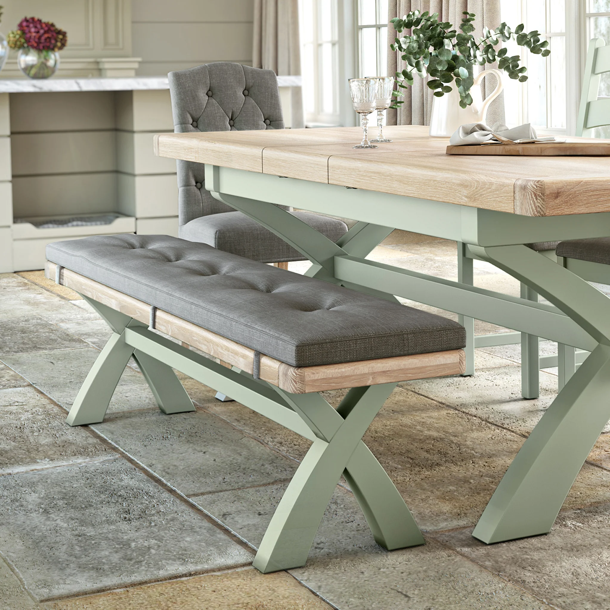 Penzance Sage Cross Leg Bench - Image 5