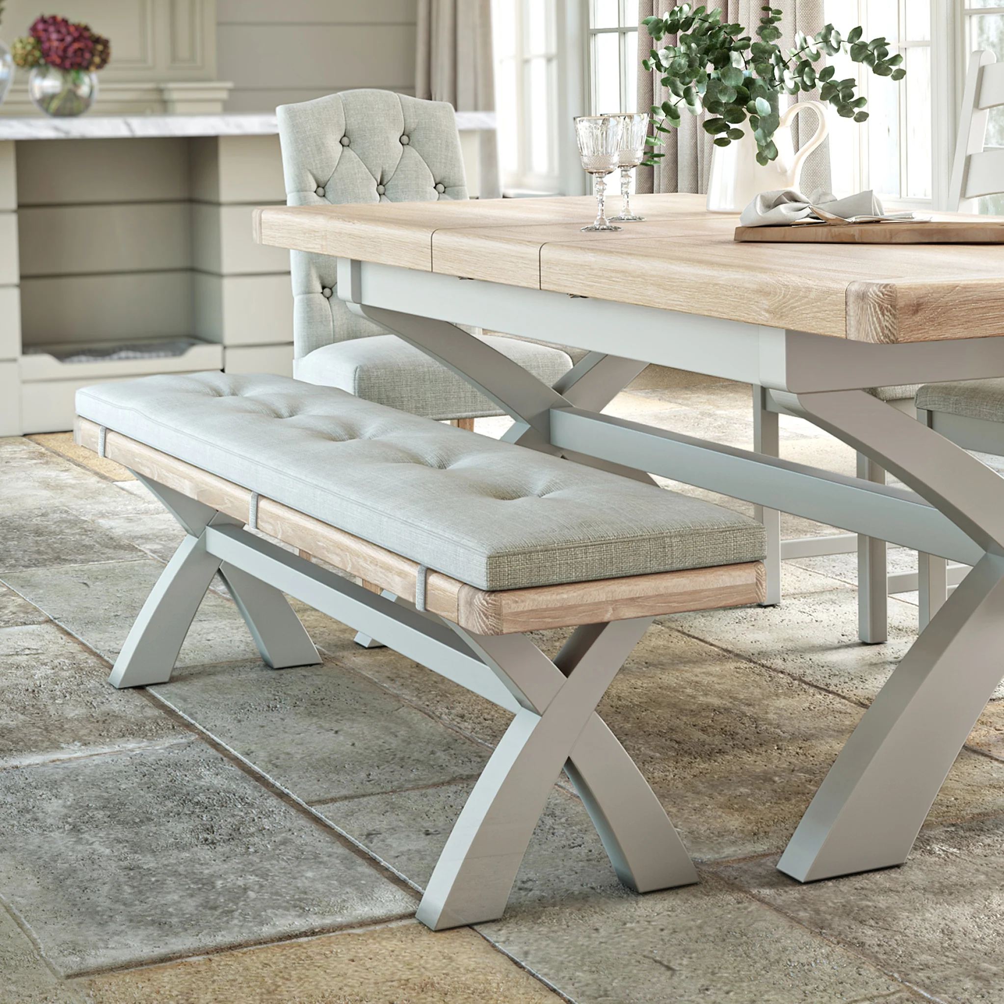 Penzance Stone Grey Cross Leg Bench - Image 4