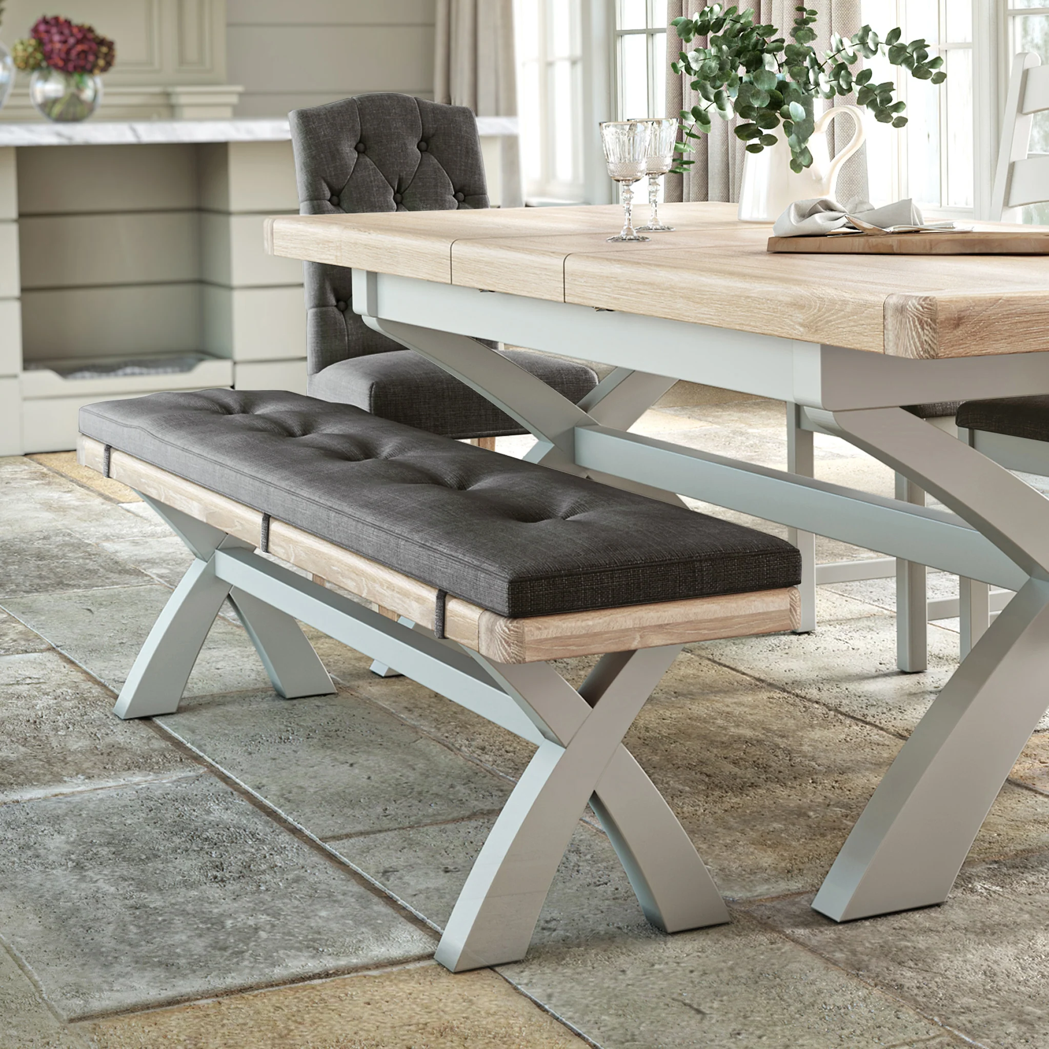Penzance Stone Grey Cross Leg Bench - Image 5