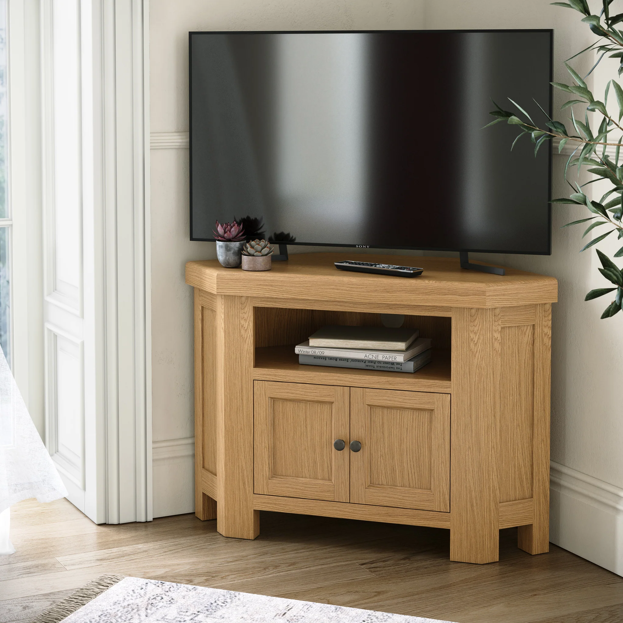 Portland Oak 2 Door Corner TV Unit - Image 2