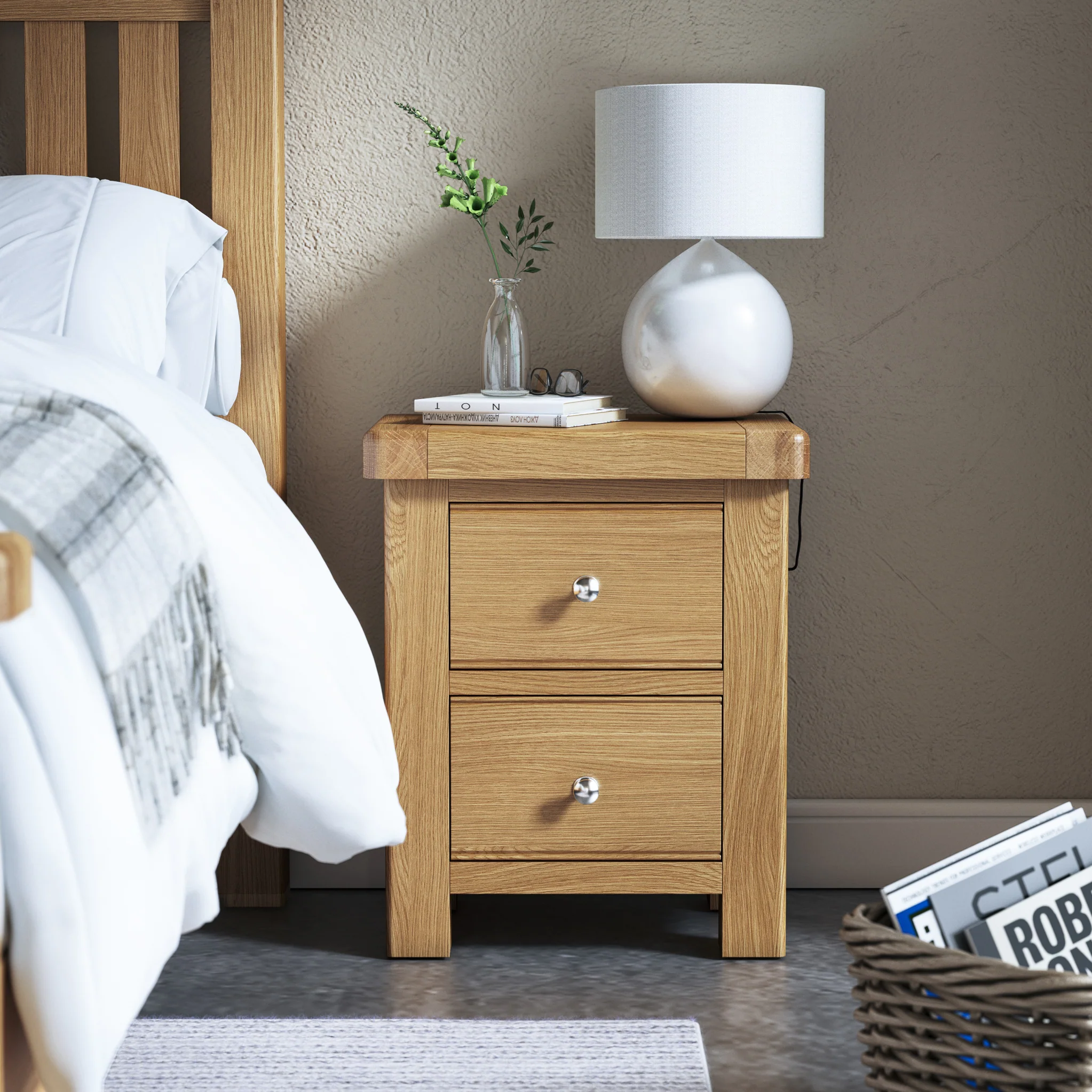 Portland Oak 2 Drawer Bedside Table - Image 2