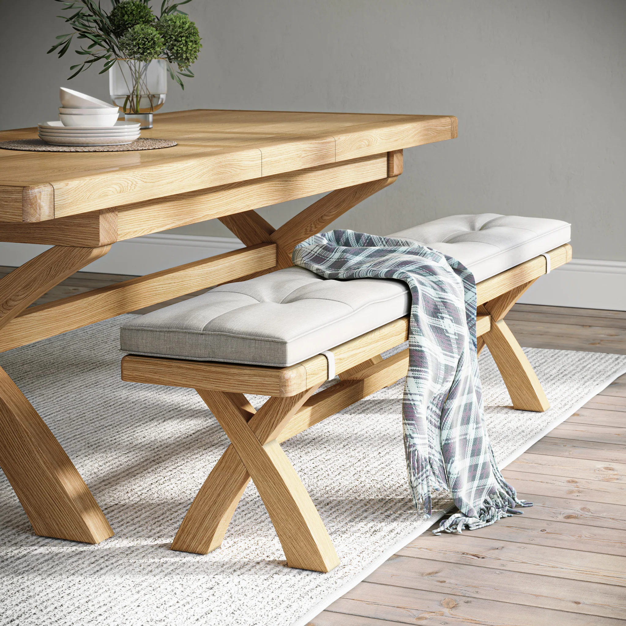 Portland Oak 200cm Cross Legged Dining Bench - Image 10