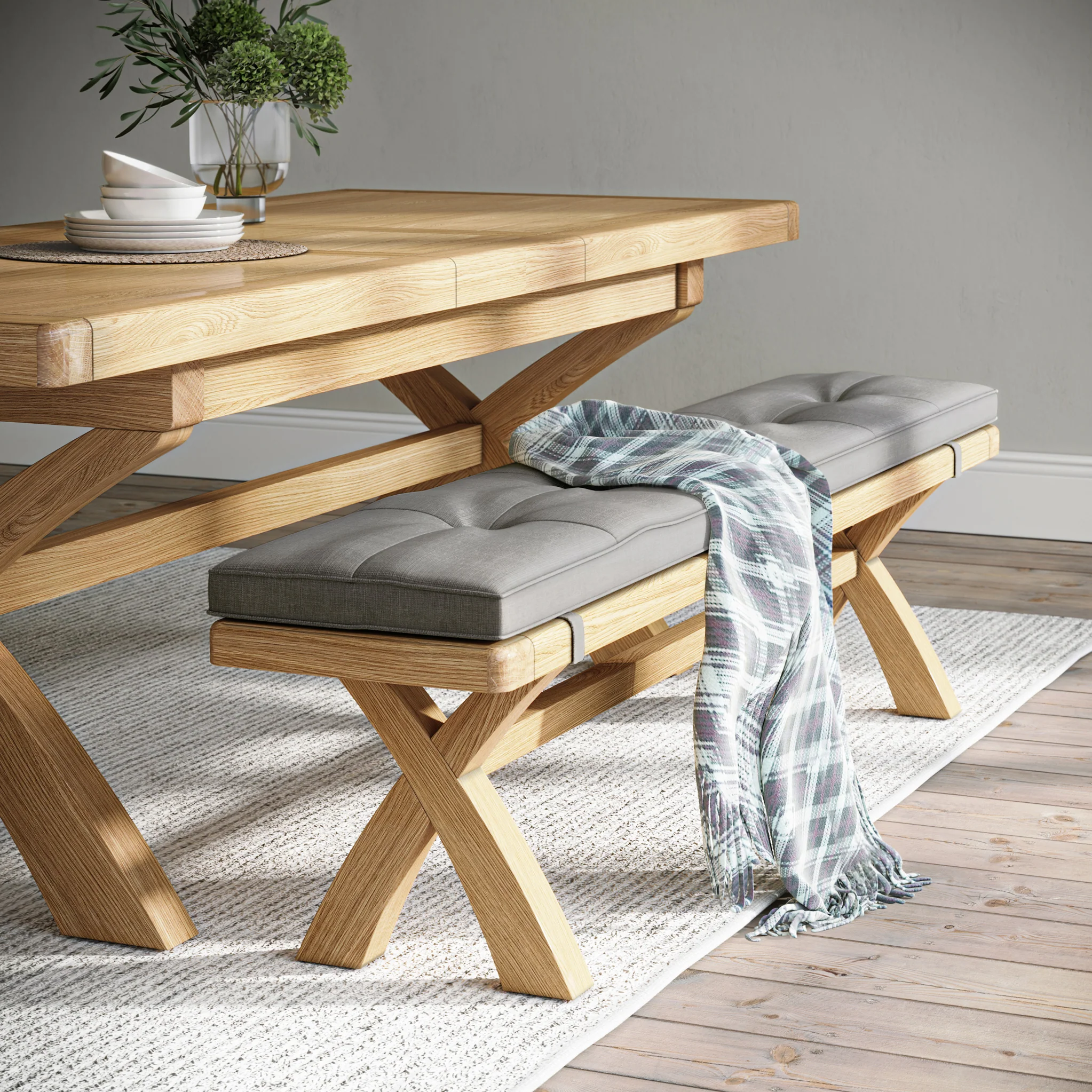 Portland Oak 200cm Cross Legged Dining Bench - Image 12