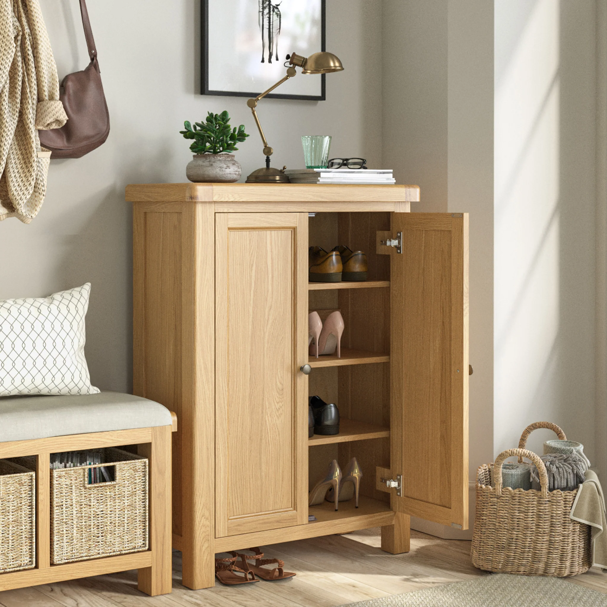 Portland Oak 4 Shelf Shoe Storage Cupboard - Image 2