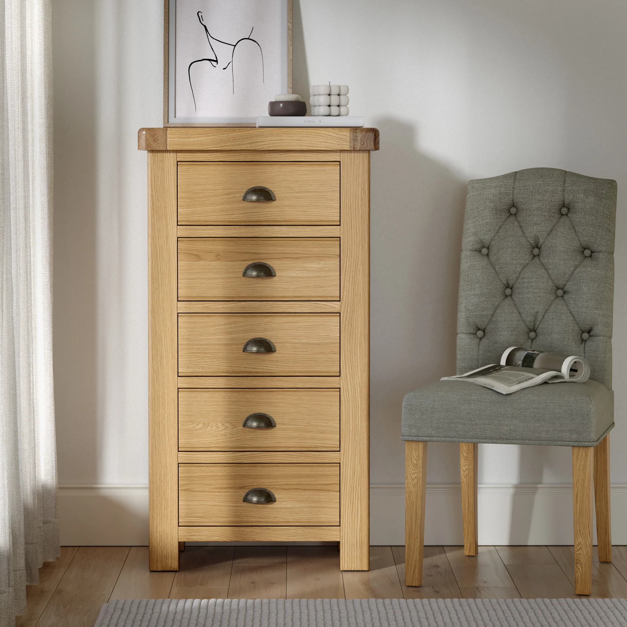 Portland Oak 5 Drawer Tallboy Chest - Image 4