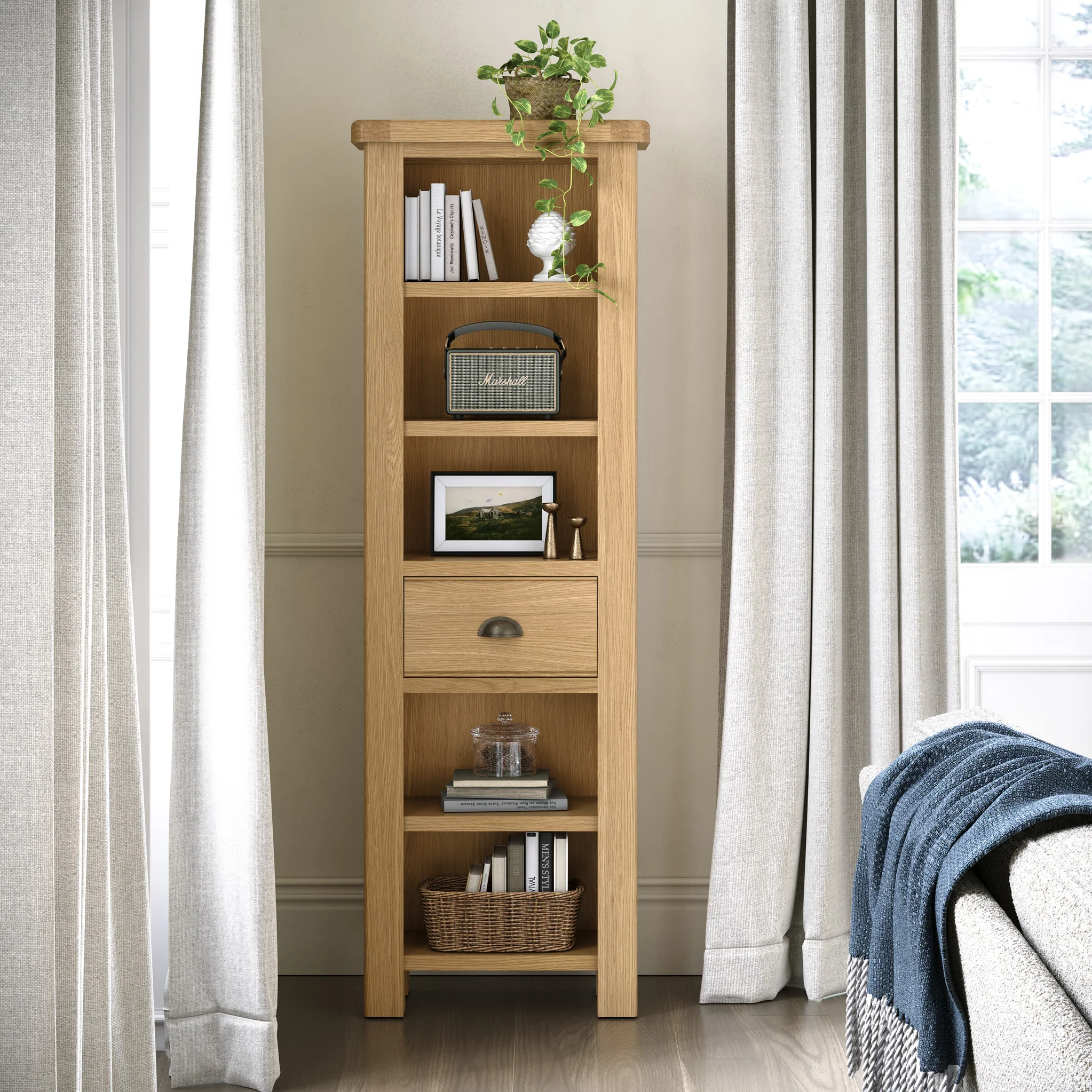 Portland Oak 5 Shelf Slim Bookcase - Image 2