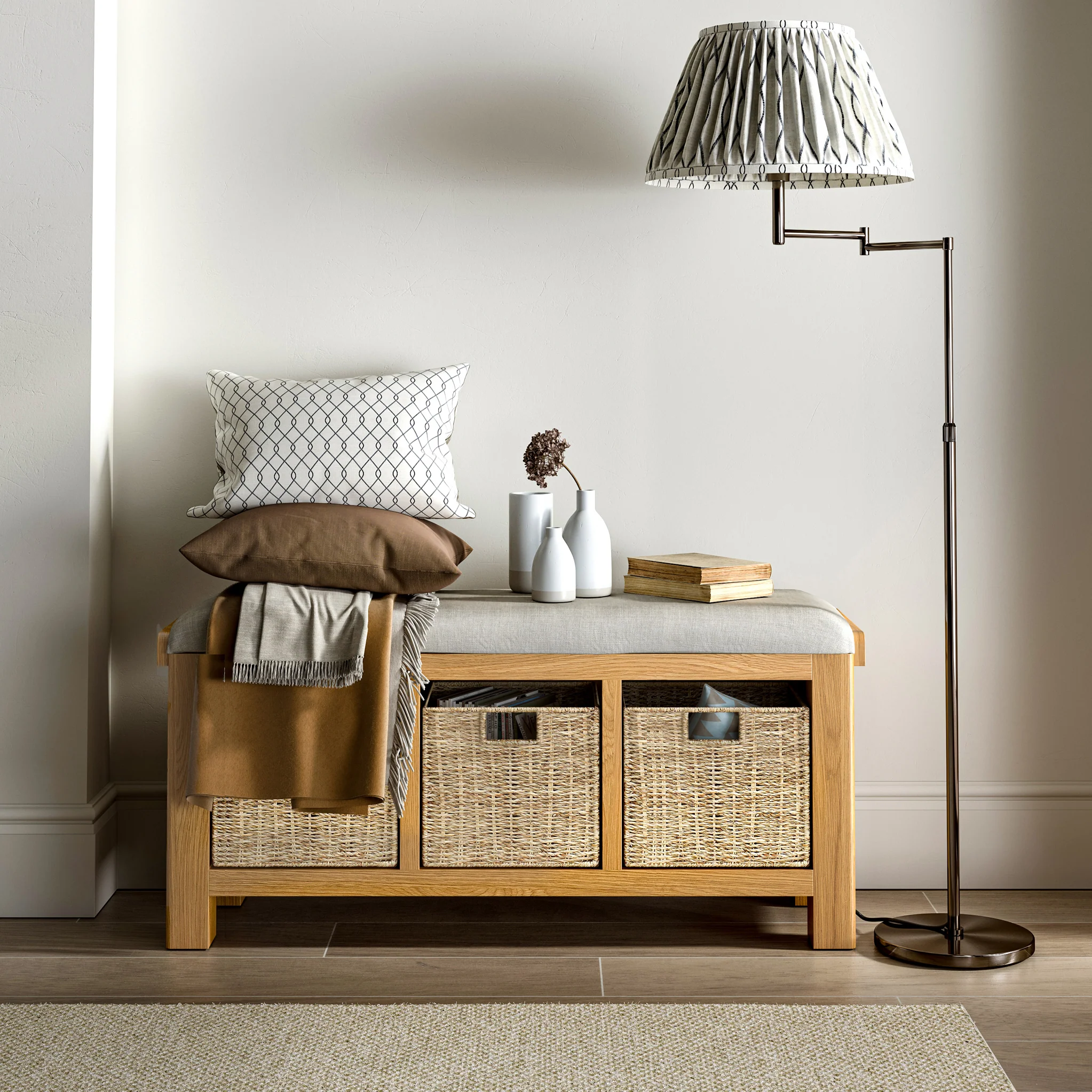 Portland Oak Storage Bench With Baskets - Image 2